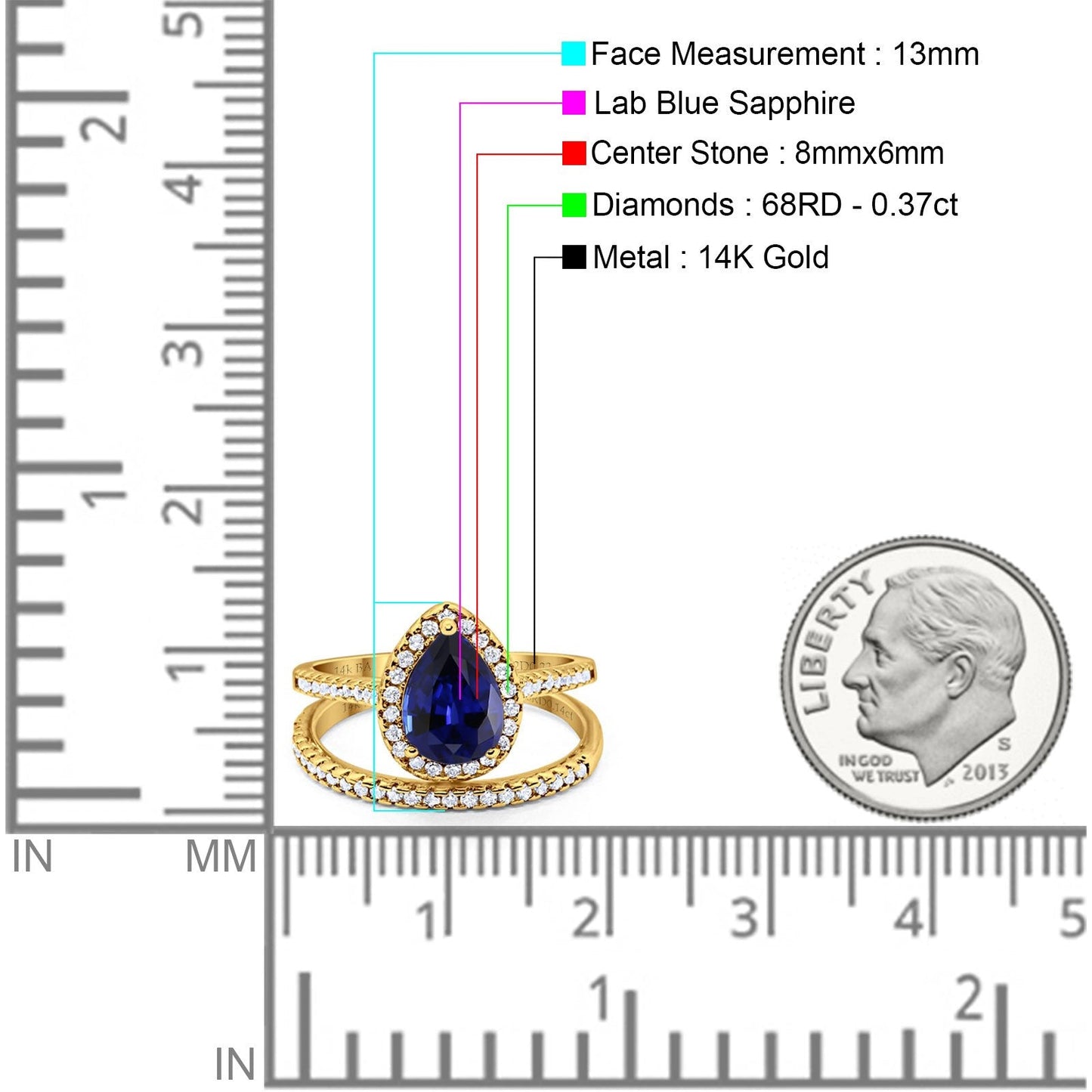 14K Yellow Gold 1.62ct Pear 8mmx6mm G SI Nano Blue Sapphire Diamond Bridal Engagement Wedding Ring Size 6.5