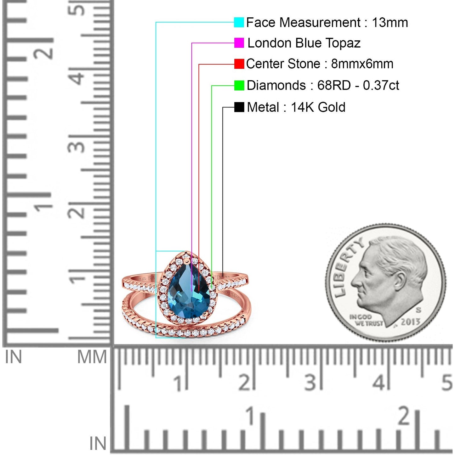 Bague de fiançailles en or rose 14 carats avec topaze bleue de Londres de 8 mm x 6 mm et diamant en forme de poire de 1,62 ct, taille 6,5