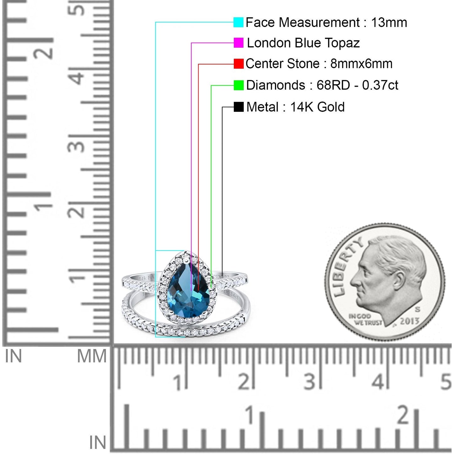 14K White Gold 1.62ct Pear 8mmx6mm G SI London Blue Topaz Diamond Bridal Engagement Wedding Ring Size 6.5