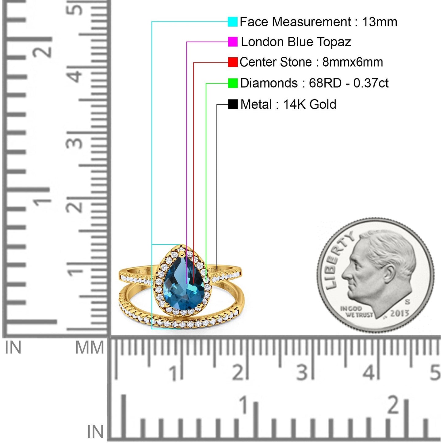 14K Yellow Gold 1.62ct Pear 8mmx6mm G SI London Blue Topaz Diamond Bridal Engagement Wedding Ring Size 6.5