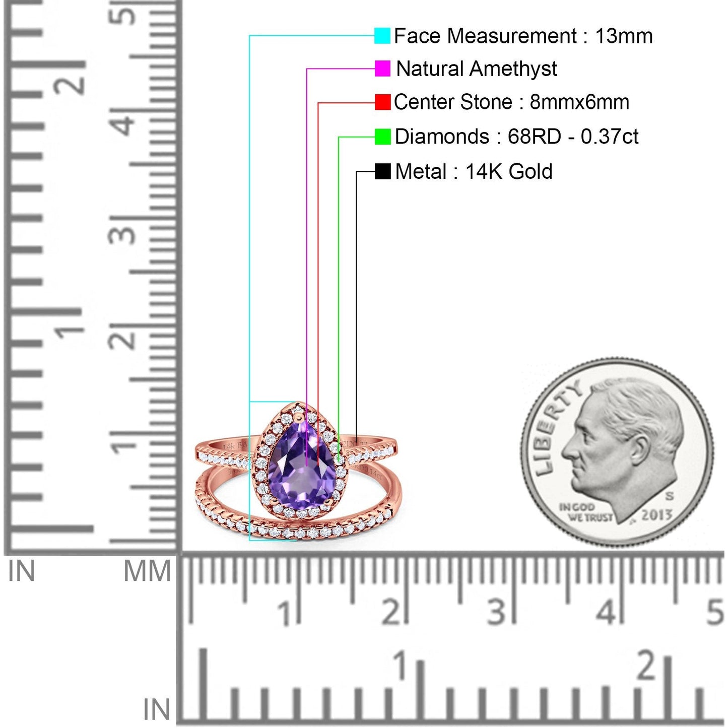 14K Rose Gold 1.62ct Pear 8mmx6mm G SI Natural Amethyst Diamond Bridal Engagement Wedding Ring Size 6.5