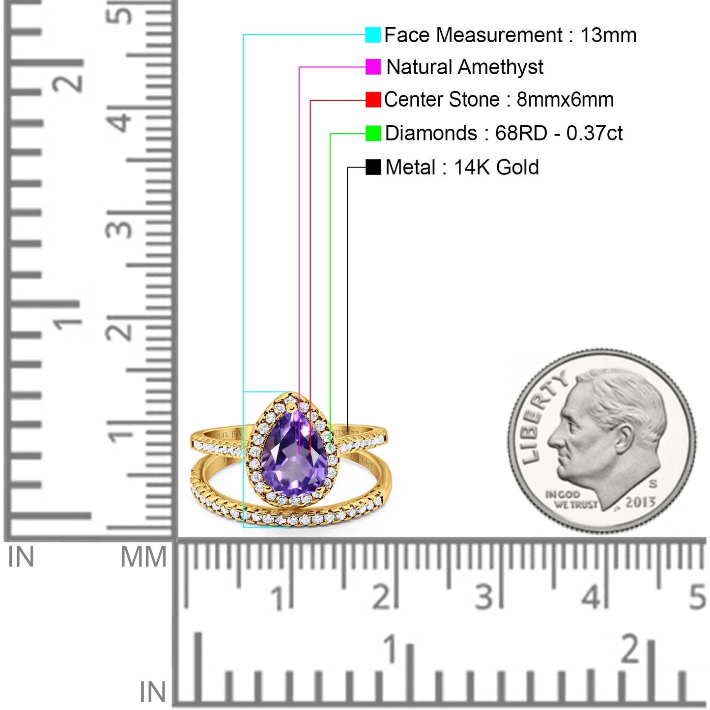 14K Yellow Gold 1.62ct Pear 8mmx6mm G SI Natural Amethyst Diamond Bridal Engagement Wedding Ring Size 6.5