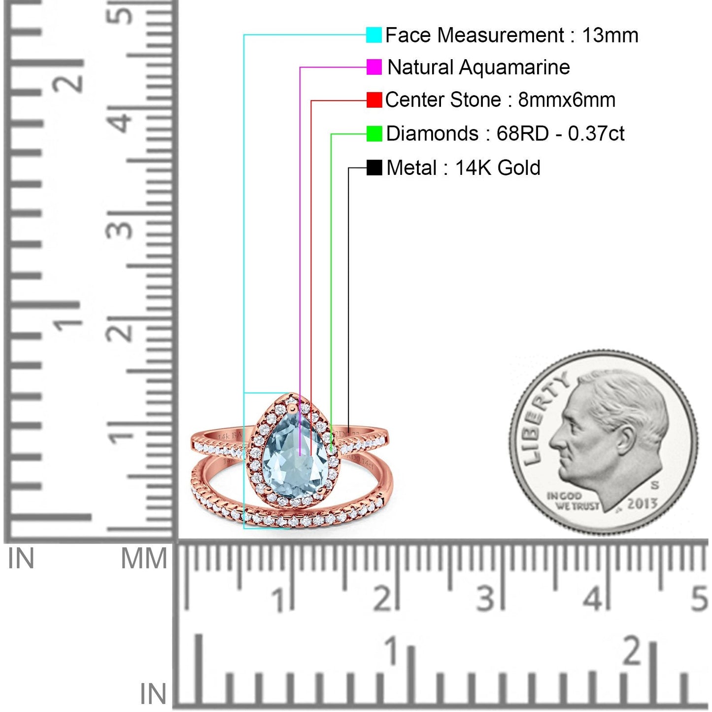 Bague de fiançailles en or rose 14 carats 1,62 ct poire 8 mm x 6 mm G SI avec diamant aigue-marine naturel taille 6,5