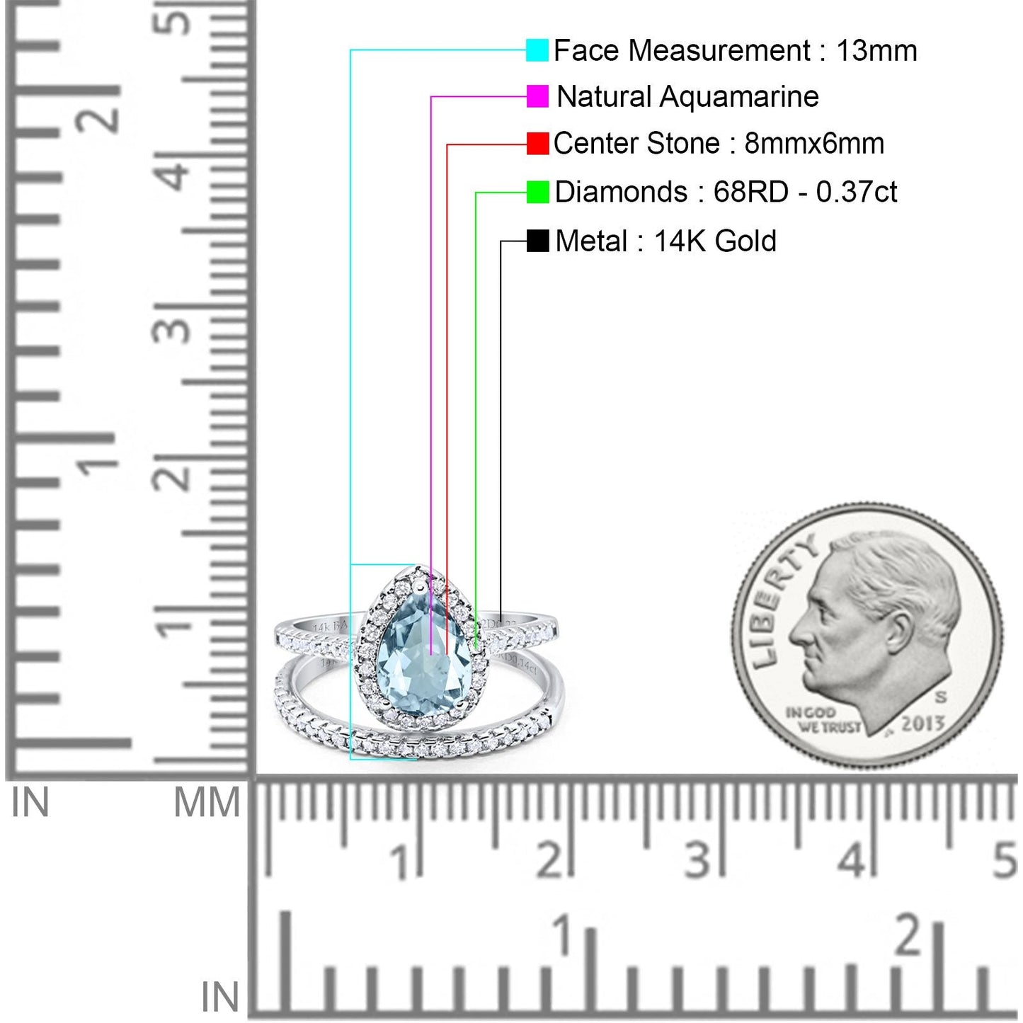 14K White Gold 1.62ct Pear 8mmx6mm G SI Natural Aquamarine Diamond Bridal Engagement Wedding Ring Size 6.5