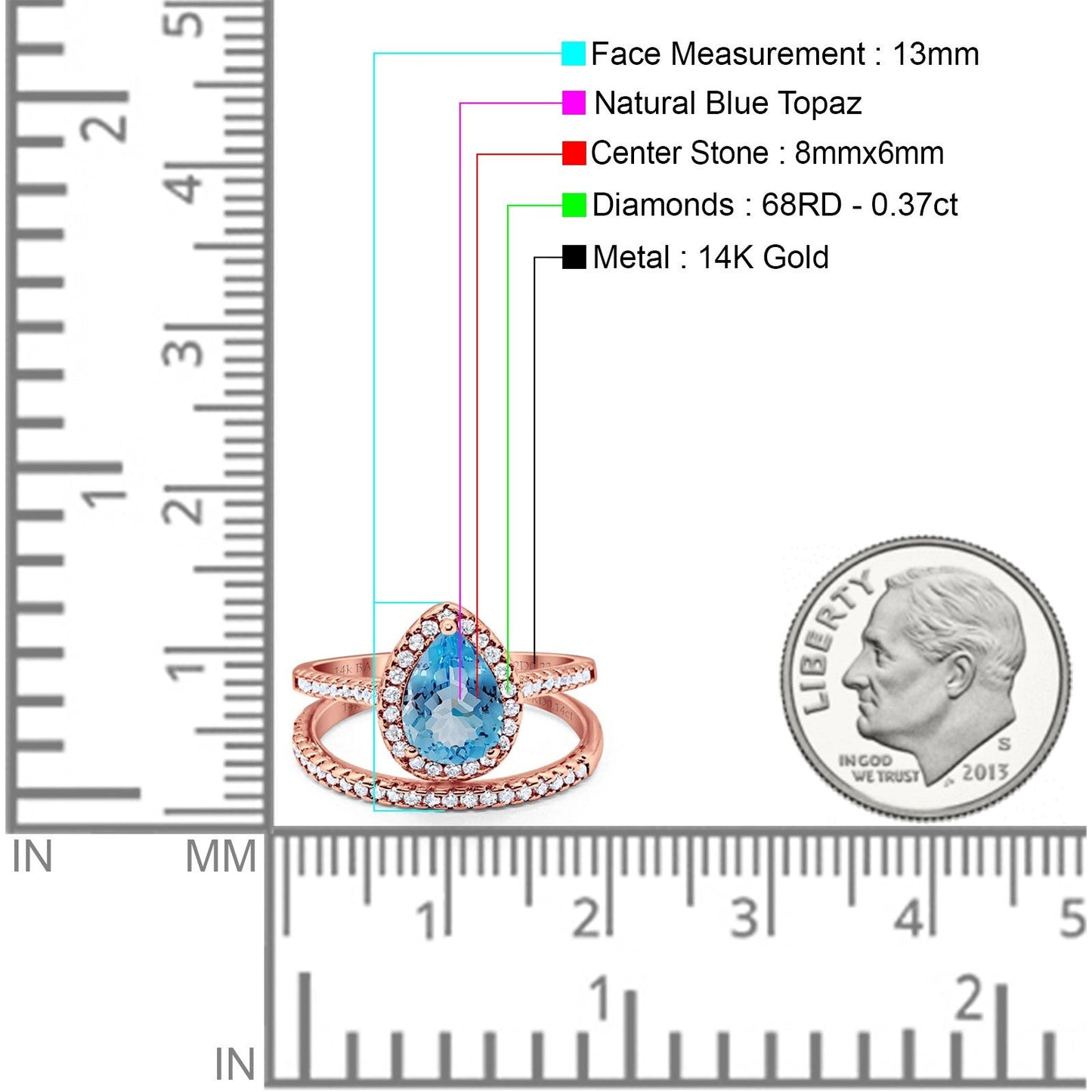 14K Rose Gold 1.62ct Pear 8mmx6mm G SI Natural Blue Topaz Diamond Bridal Engagement Wedding Ring Size 6.5