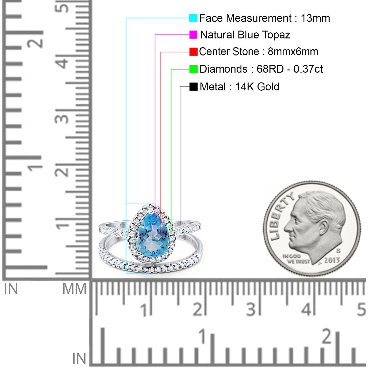 14K White Gold 1.62ct Pear 8mmx6mm G SI Natural Blue Topaz Diamond Bridal Engagement Wedding Ring Size 6.5