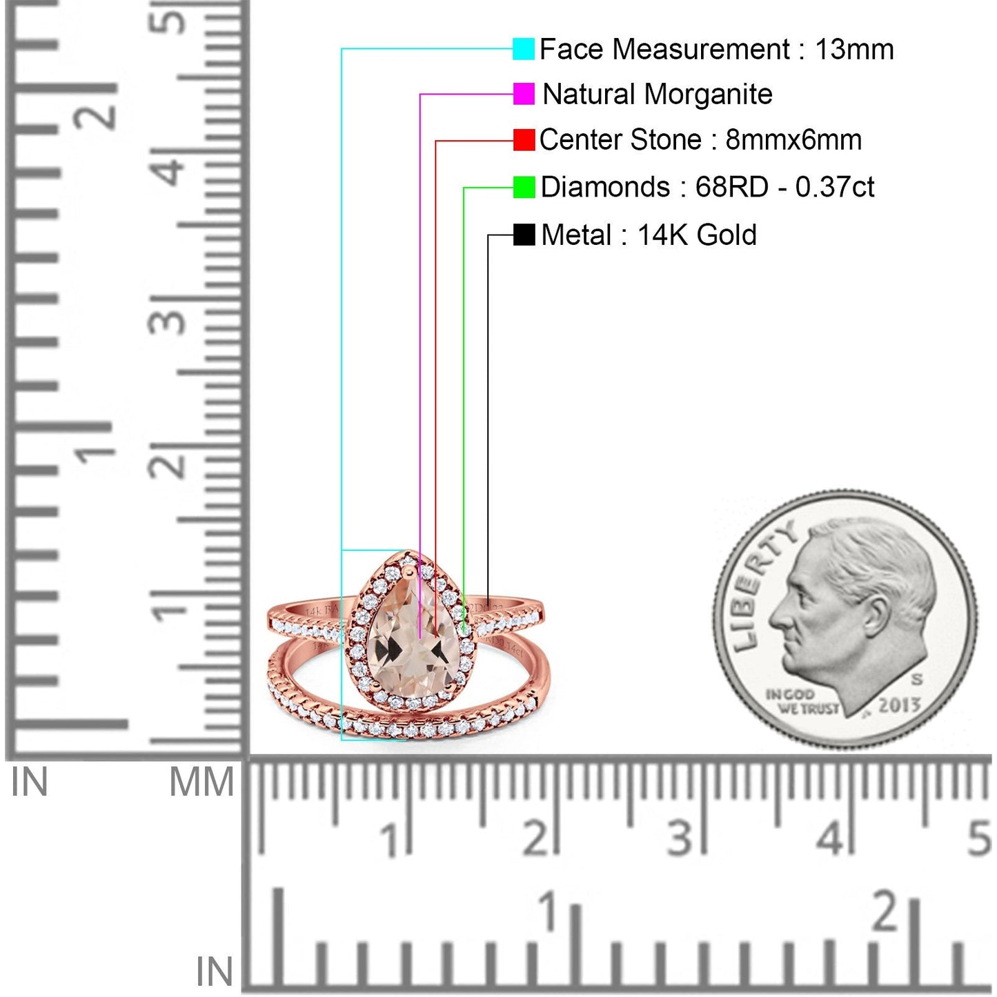 14K Rose Gold 1.62ct Pear 8mmx6mm G SI Natural Morganite Diamond Bridal Engagement Wedding Ring Size 6.5