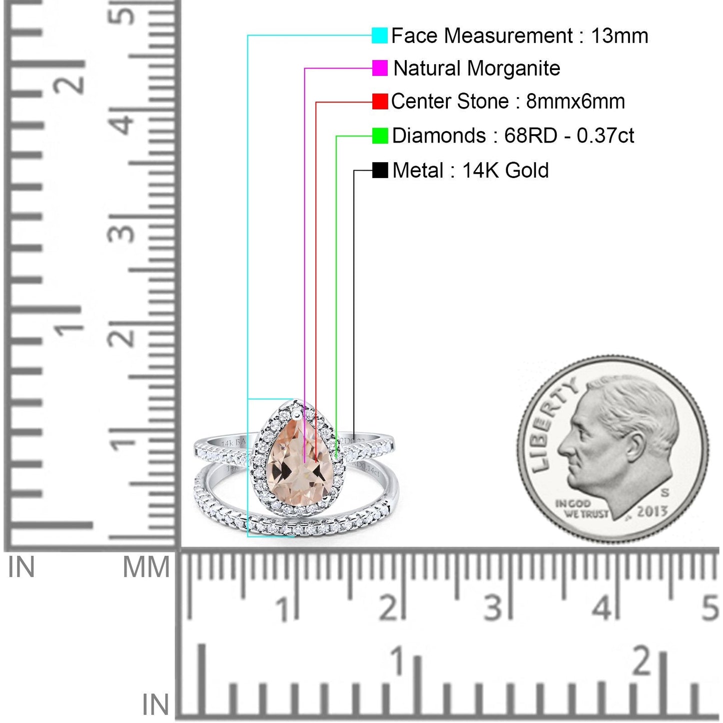 14K White Gold 1.62ct Pear 8mmx6mm G SI Natural Morganite Diamond Bridal Engagement Wedding Ring Size 6.5