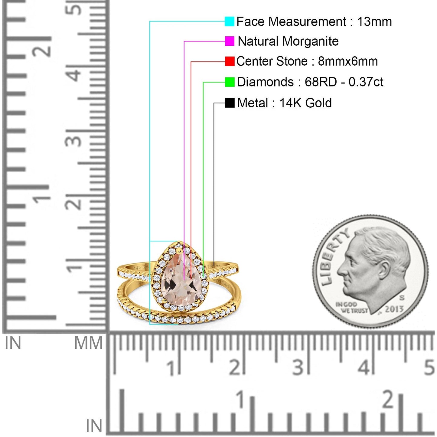 14K Yellow Gold 1.62ct Pear 8mmx6mm G SI Natural Morganite Diamond Bridal Engagement Wedding Ring Size 6.5