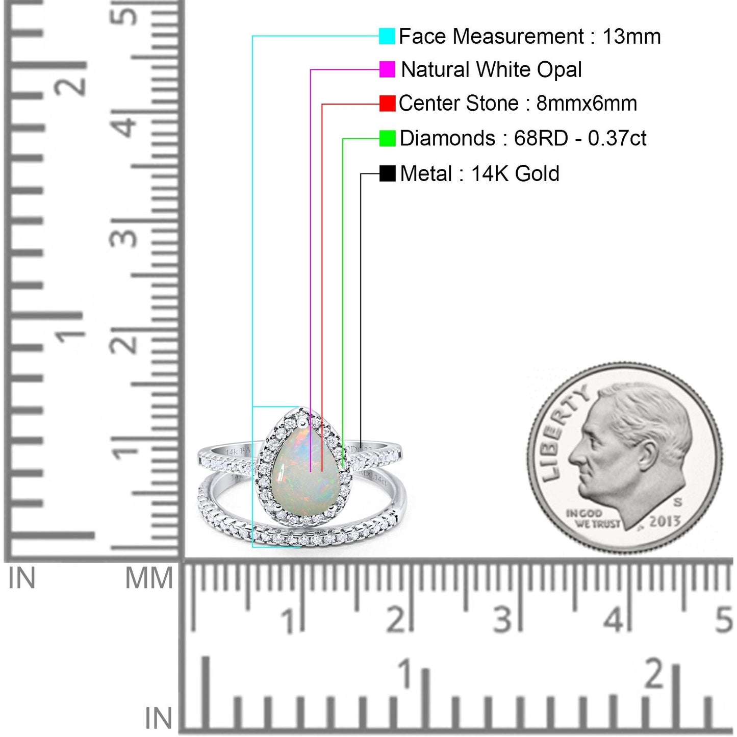 14K White Gold 0.37ct Pear 8mmx6mm G SI Natural White Opal Diamond Bridal Engagement Wedding Ring Size 6.5