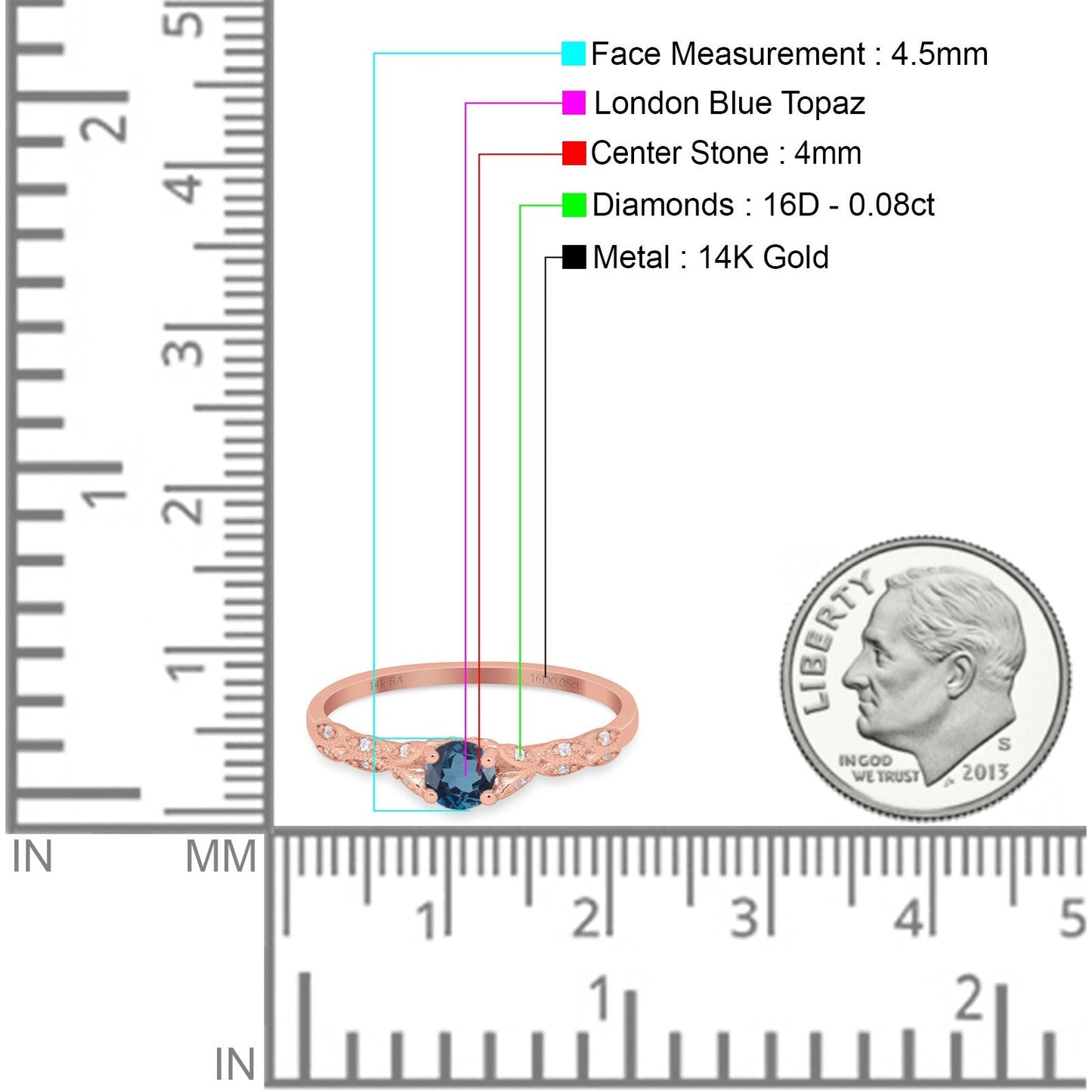 14K Rose Gold 0.33ct Round Petite Dainty Art Deco 4mm G SI London Blue Topaz Diamond Engagement Wedding Ring Size 6.5