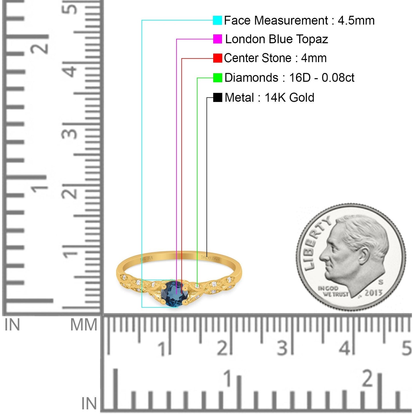 14K Yellow Gold 0.33ct Round Petite Dainty Art Deco 4mm G SI London Blue Topaz Diamond Engagement Wedding Ring Size 6.5