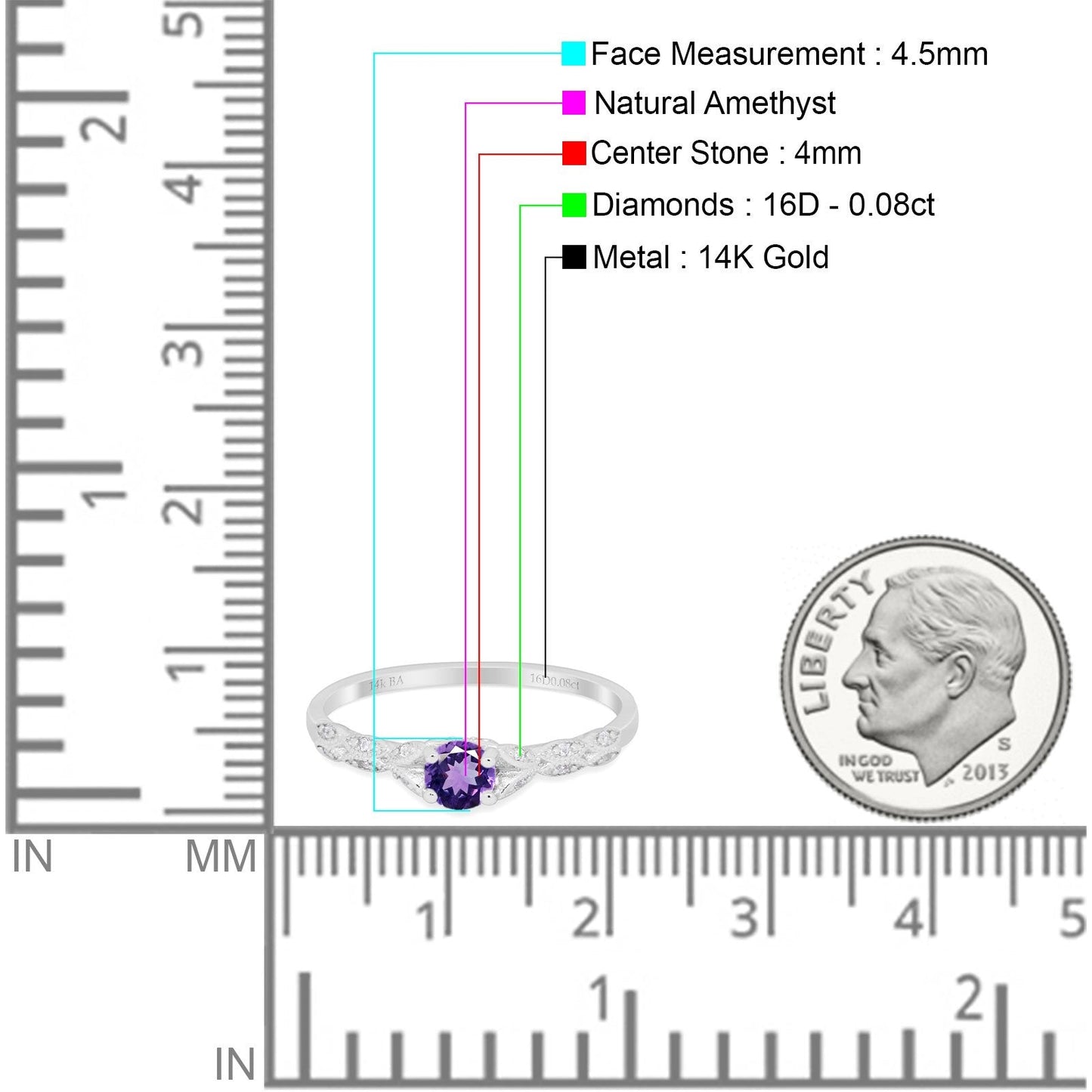 14K White Gold 0.33ct Round Petite Dainty Art Deco 4mm G SI Natural Amethyst Diamond Engagement Wedding Ring Size 6.5