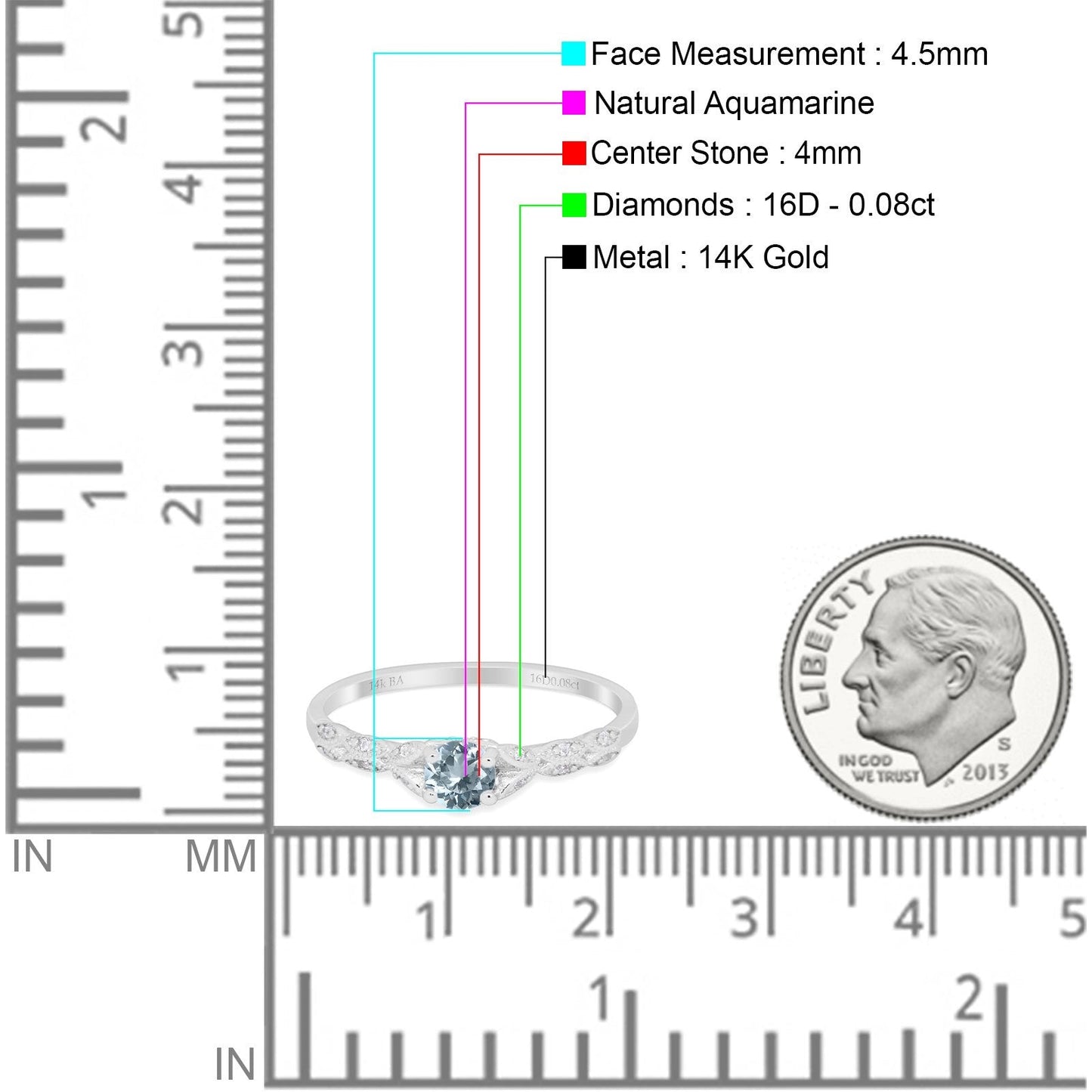 14K White Gold 0.33ct Round Petite Dainty Art Deco 4mm G SI Natural Aquamarine Diamond Engagement Wedding Ring Size 6.5