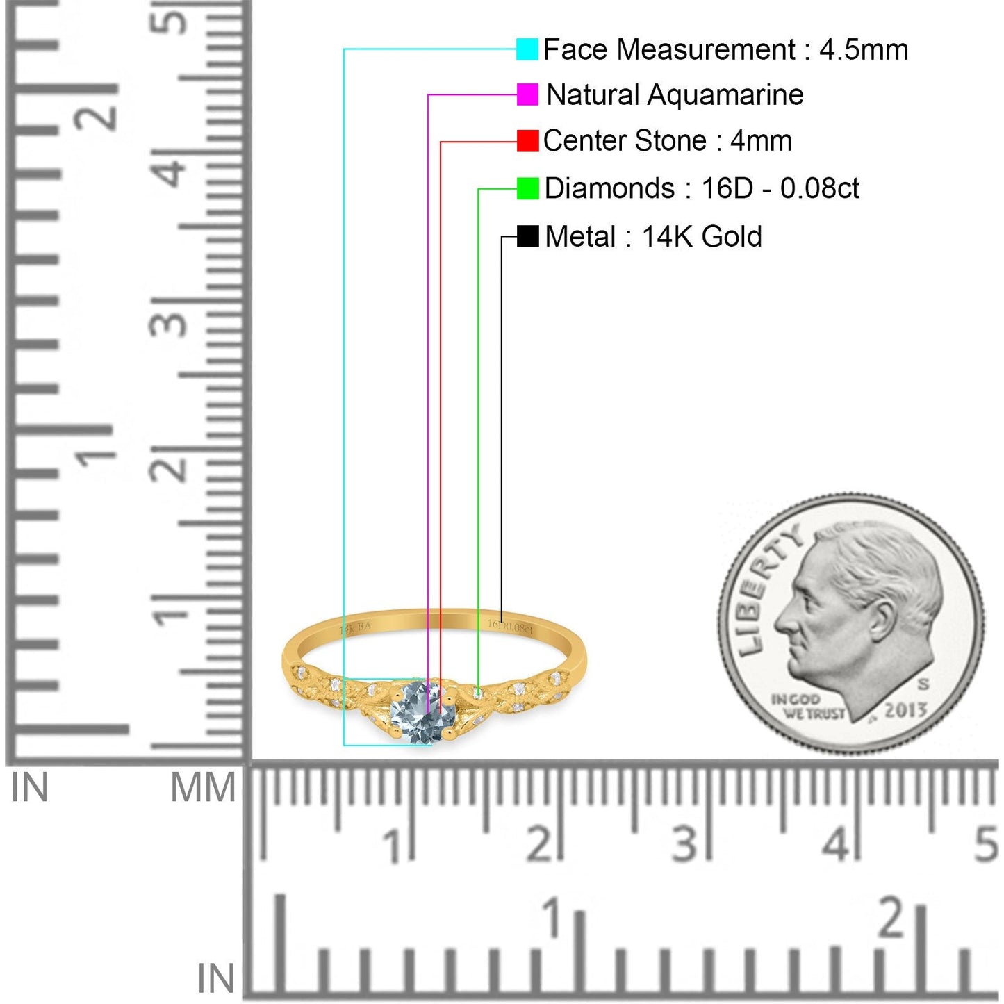 14K Yellow Gold 0.33ct Round Petite Dainty Art Deco 4mm G SI Natural Aquamarine Diamond Engagement Wedding Ring Size 6.5