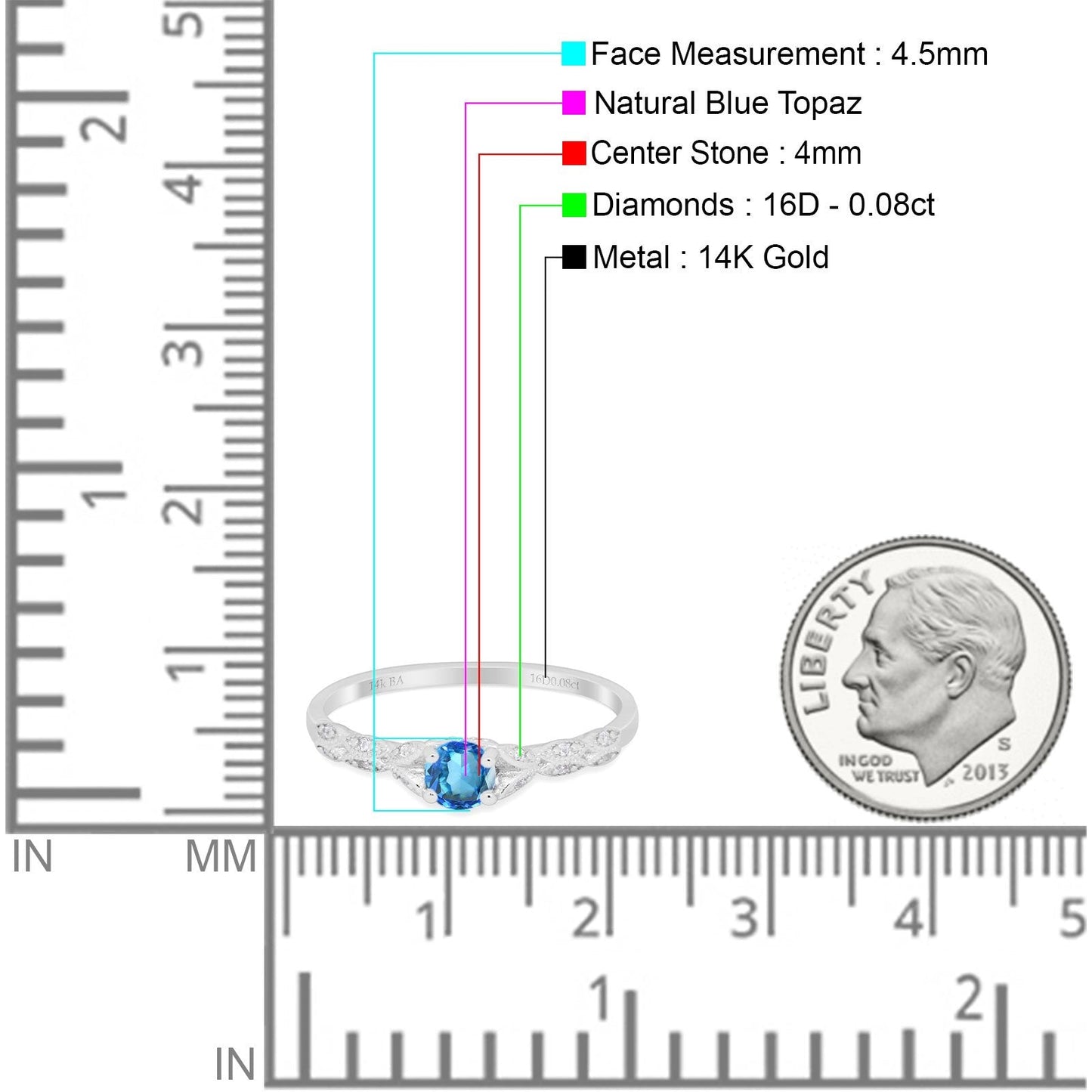 Bague de fiançailles en or blanc 14 carats 0,33 ct Art déco ronde petite et délicate 4 mm G SI avec topaze bleue naturelle et diamant taille 6,5