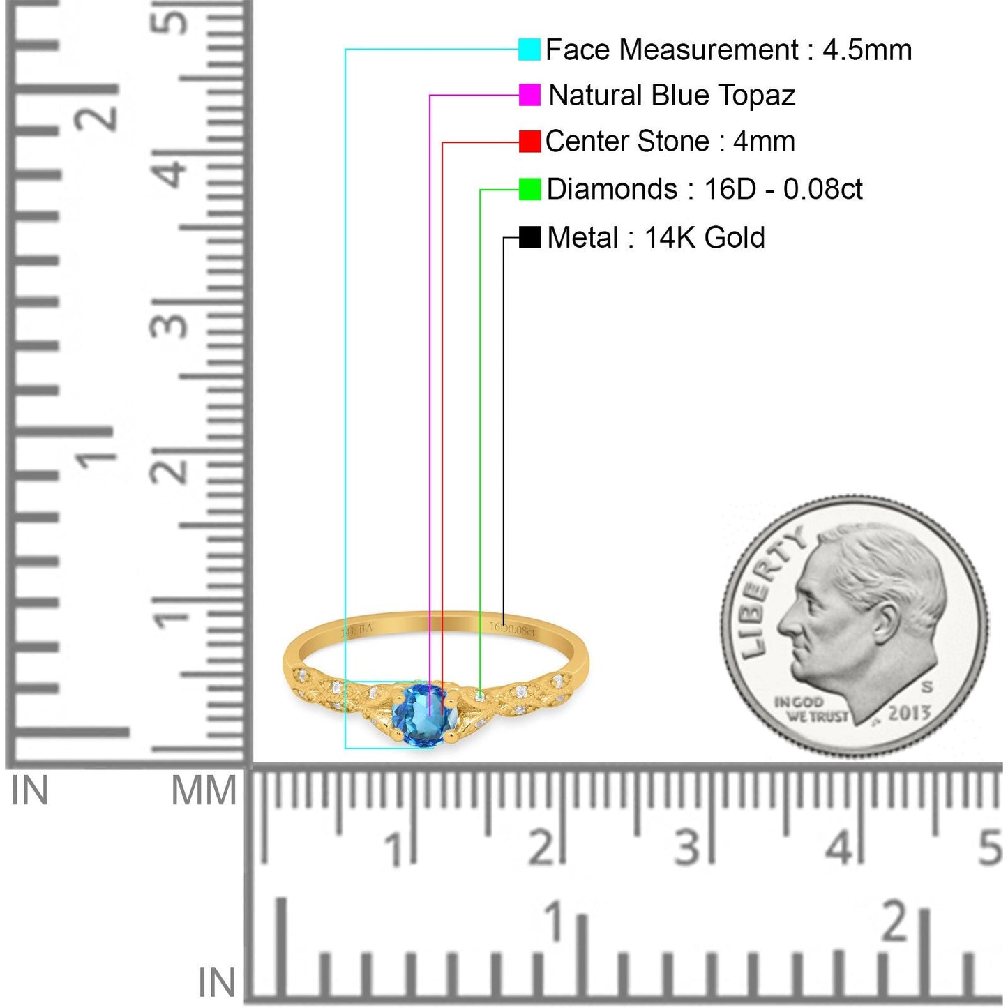 14K Yellow Gold 0.33ct Round Petite Dainty Art Deco 4mm G SI Natural Blue Topaz Diamond Engagement Wedding Ring Size 6.5