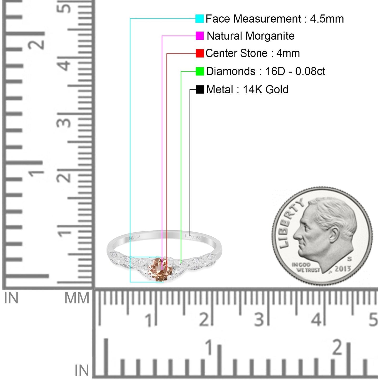 14K White Gold 0.33ct Round Petite Dainty Art Deco 4mm G SI Natural Morganite Diamond Engagement Wedding Ring Size 6.5