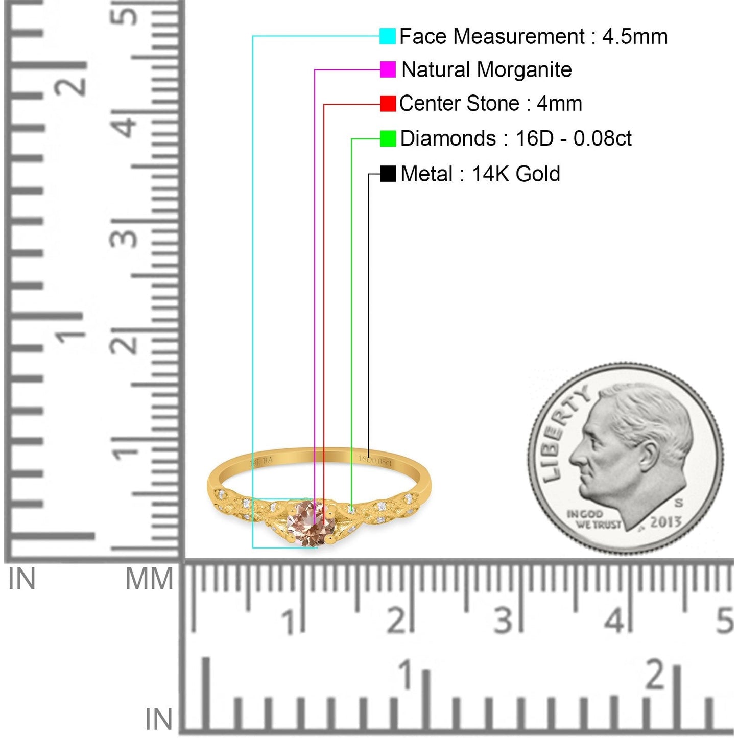 14K Yellow Gold 0.33ct Round Petite Dainty Art Deco 4mm G SI Natural Morganite Diamond Engagement Wedding Ring Size 6.5