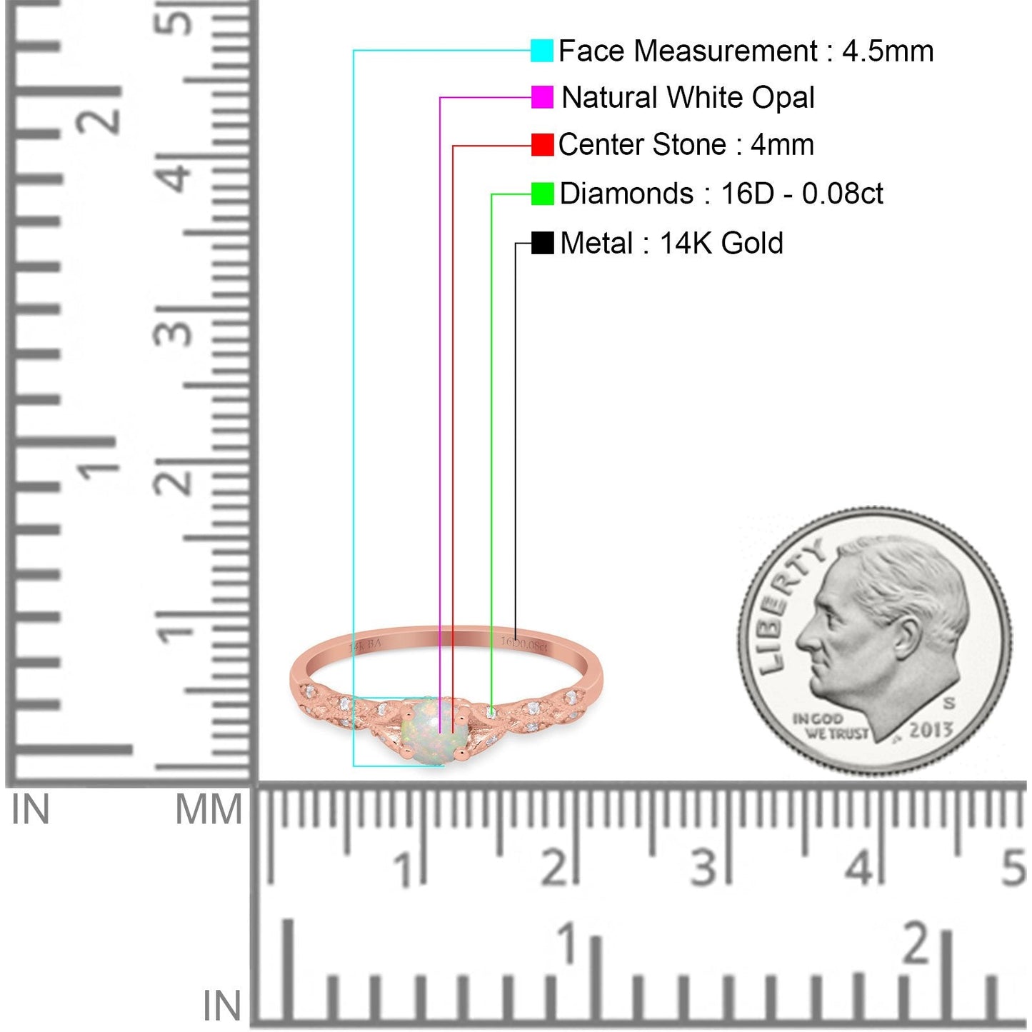 14K Rose Gold 0.08ct Round Petite Dainty Art Deco 4mm G SI Natural White Opal Diamond Engagement Wedding Ring Size 6.5