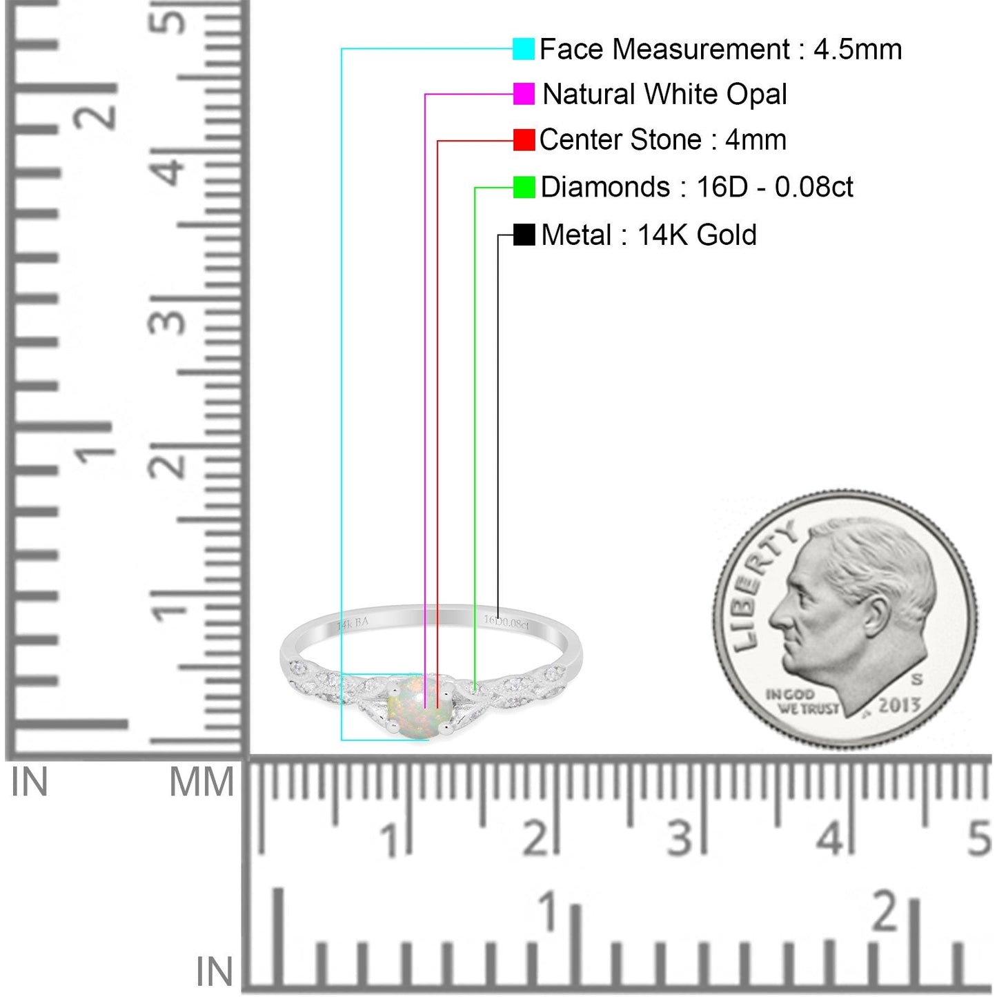 14K White Gold 0.08ct Round Petite Dainty Art Deco 4mm G SI Natural White Opal Diamond Engagement Wedding Ring Size 6.5