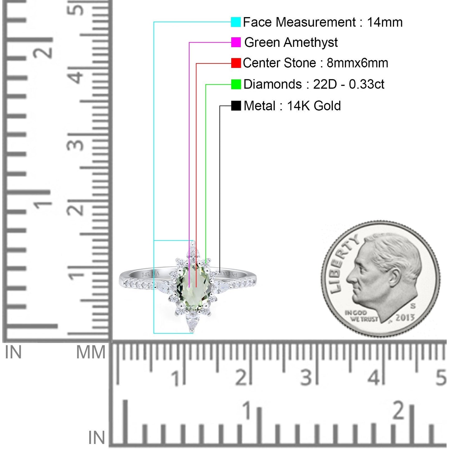 14K White Gold 1.54ct Vintage Oval 8mmx6mm G SI Natural Green Amethyst Diamond Engagement Wedding Ring Size 6.5