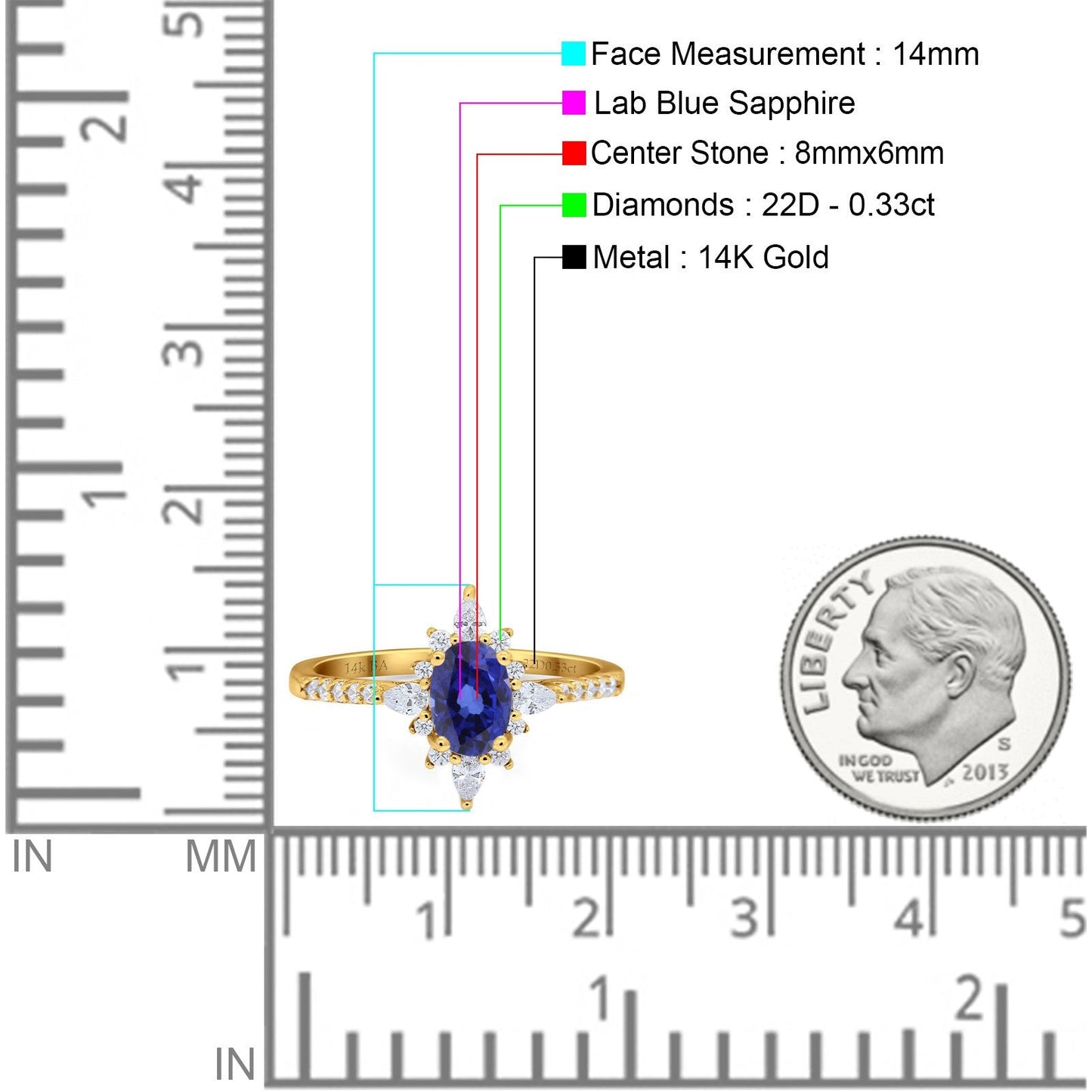 14K Yellow Gold 1.54ct Vintage Oval 8mmx6mm G SI Lab Blue Sapphire Diamond Engagement Wedding Ring Size 6.5