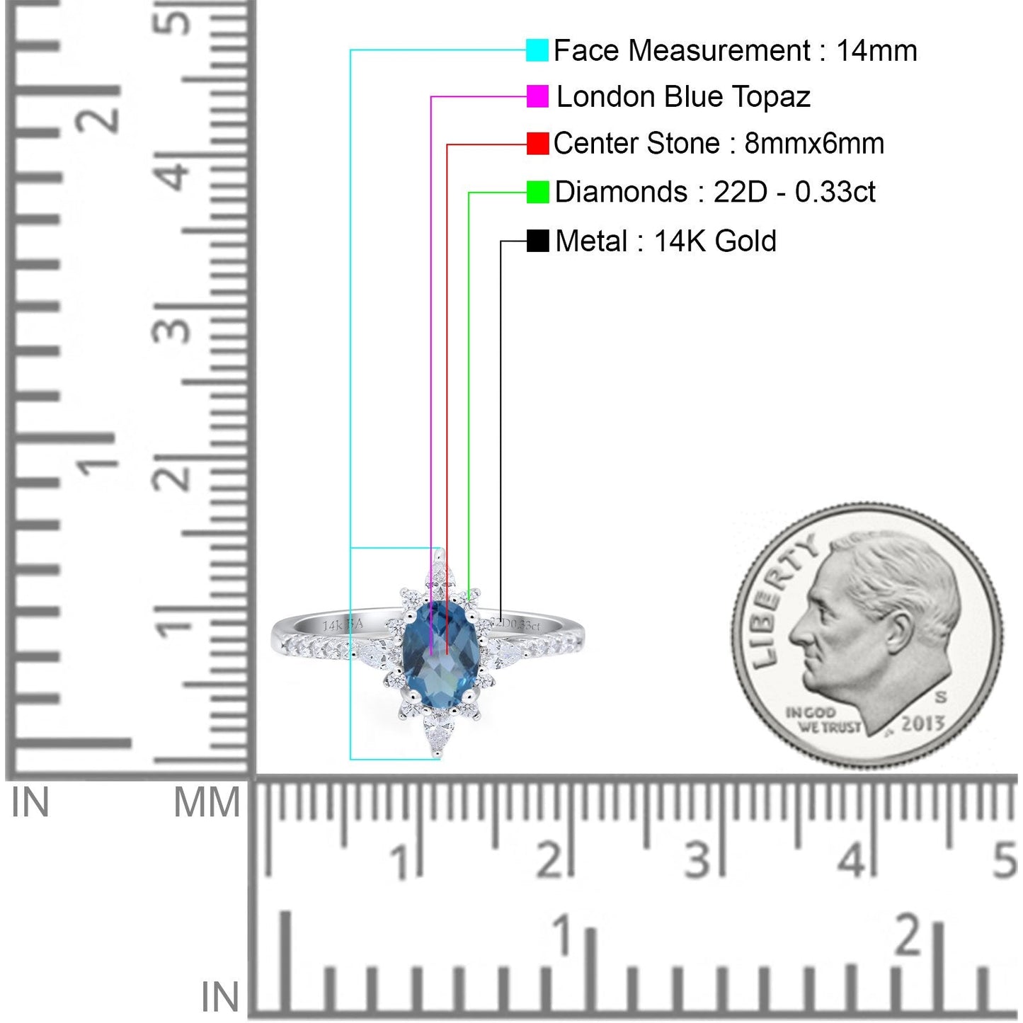 14K White Gold 1.54ct Vintage Oval 8mmx6mm G SI London Blue Topaz Diamond Engagement Wedding Ring Size 6.5