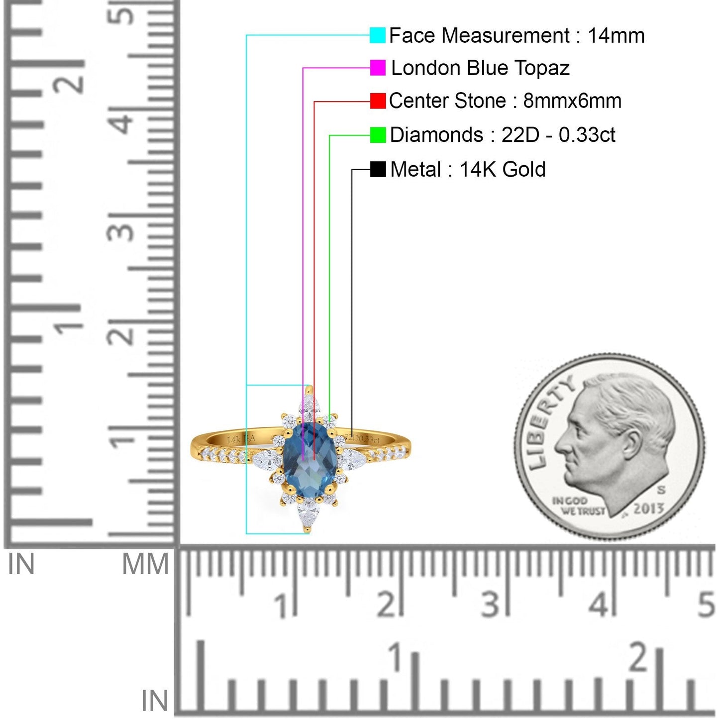 14K Yellow Gold 1.54ct Vintage Oval 8mmx6mm G SI London Blue Topaz Diamond Engagement Wedding Ring Size 6.5