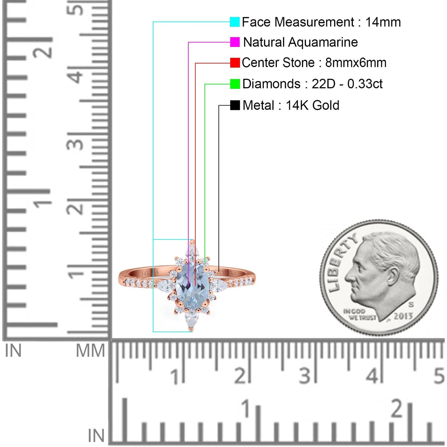 14K Rose Gold 1.54ct Vintage Oval 8mmx6mm G SI Natural Aquamarine Diamond Engagement Wedding Ring Size 6.5