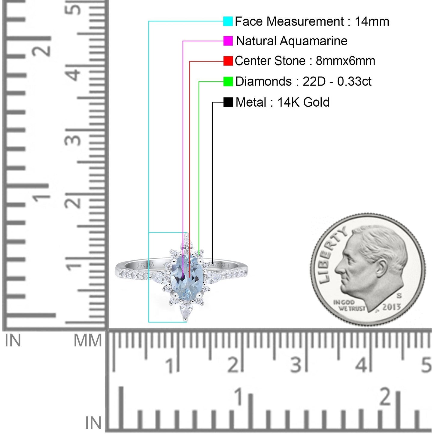 14K White Gold 1.54ct Vintage Oval 8mmx6mm G SI Natural Aquamarine Diamond Engagement Wedding Ring Size 6.5