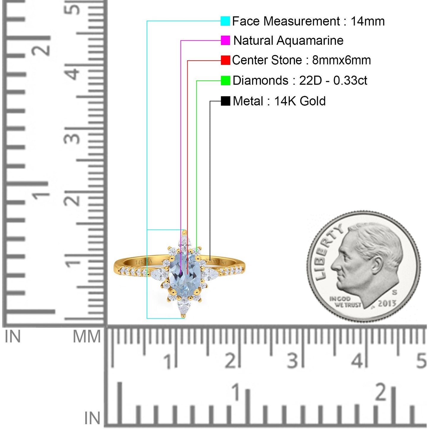 14K Yellow Gold 1.54ct Vintage Oval 8mmx6mm G SI Natural Aquamarine Diamond Engagement Wedding Ring Size 6.5