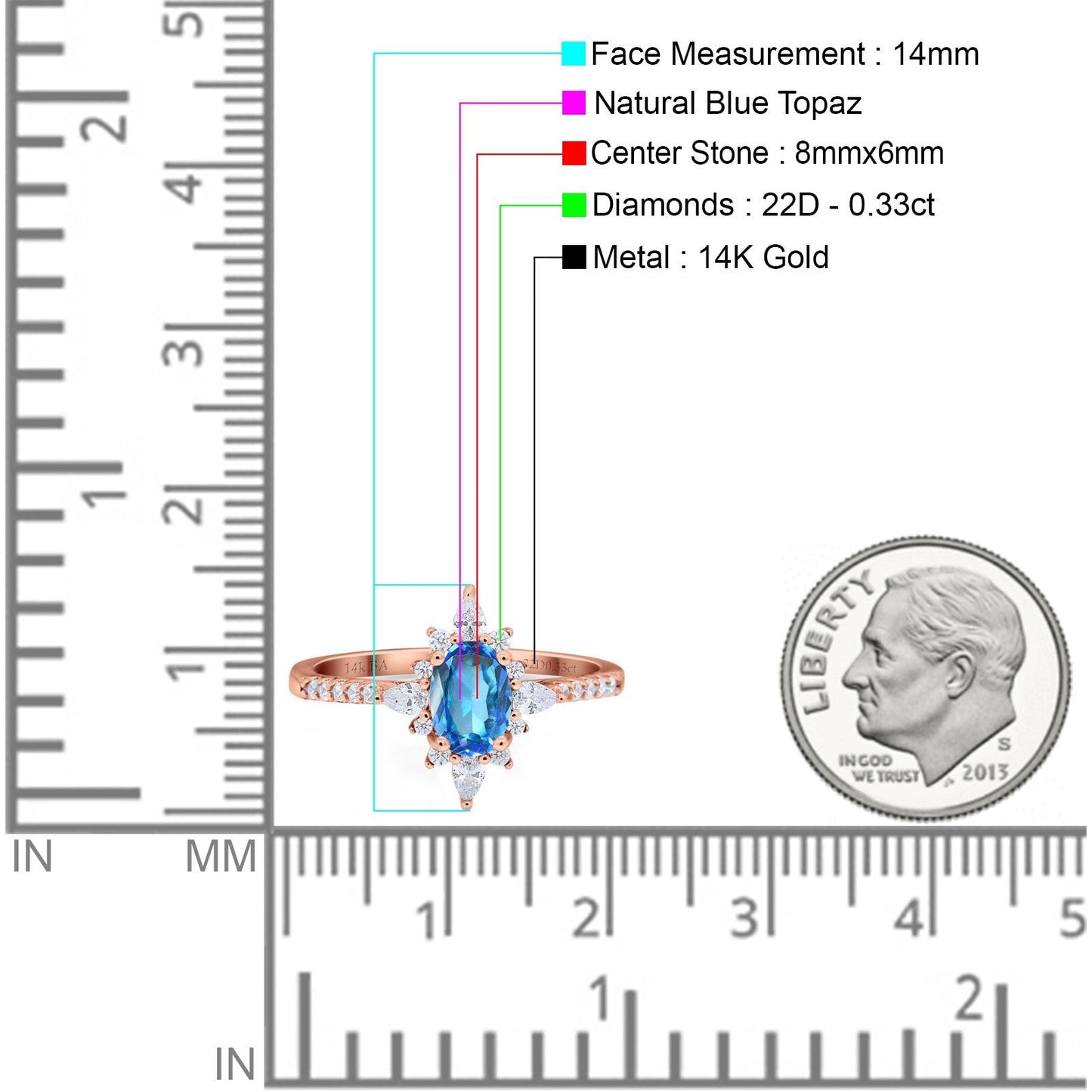 14K Rose Gold 1.54ct Vintage Oval 8mmx6mm G SI Natural Blue Topaz Diamond Engagement Wedding Ring Size 6.5