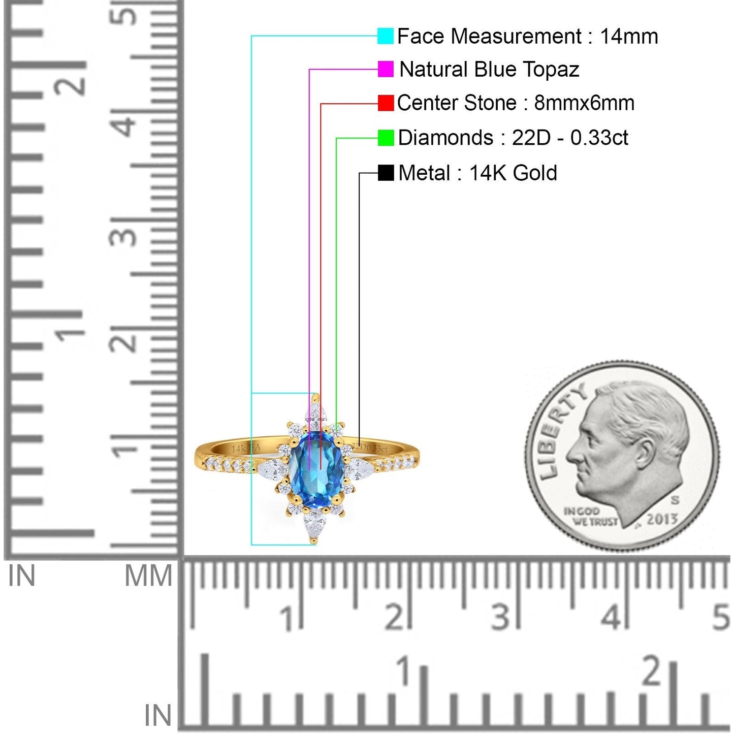 14K Yellow Gold 1.54ct Vintage Oval 8mmx6mm G SI Natural Blue Topaz Diamond Engagement Wedding Ring Size 6.5