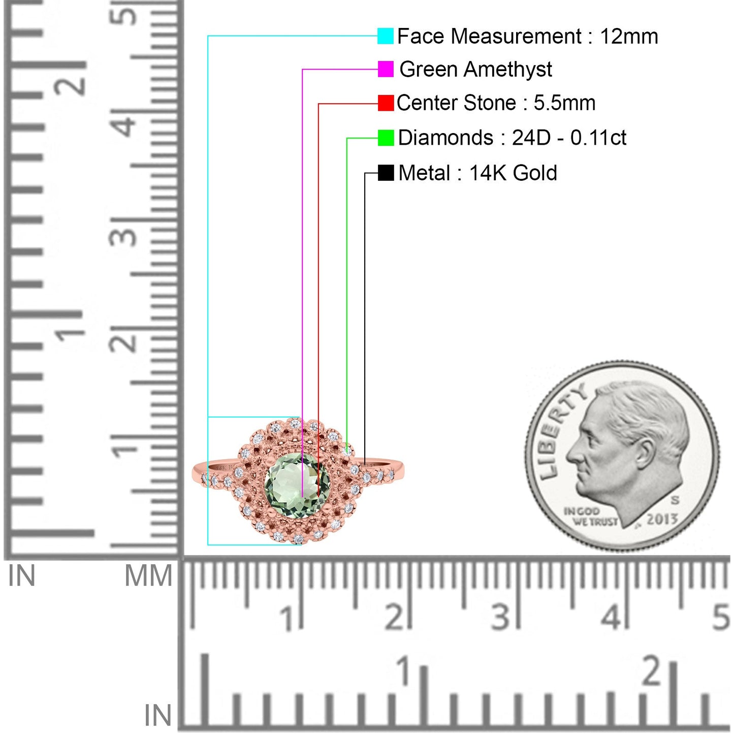 14K Rose Gold 0.77ct Halo Art Deco Round 5.5mm G SI Natural Green Amethyst Diamond Engagement Wedding Ring Size 6.5