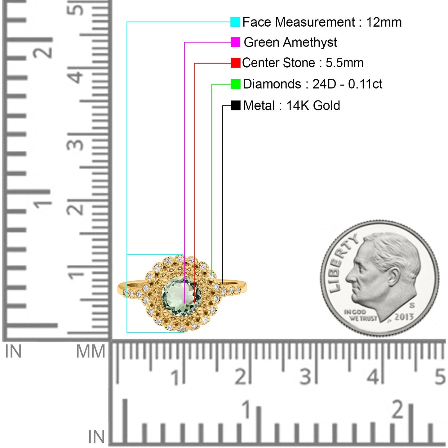 14K Yellow Gold 0.77ct Halo Art Deco Round 5.5mm G SI Natural Green Amethyst Diamond Engagement Wedding Ring Size 6.5