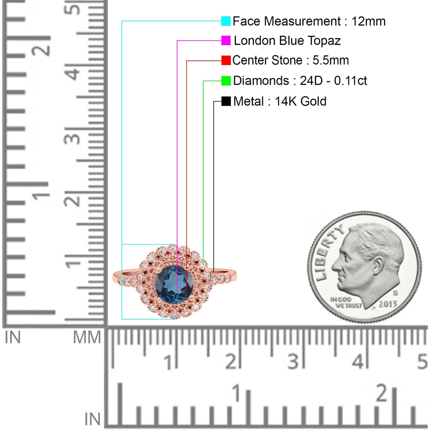 14K Rose Gold 0.77ct Halo Art Deco Round 5.5mm G SI London Blue Topaz Diamond Engagement Wedding Ring Size 6.5