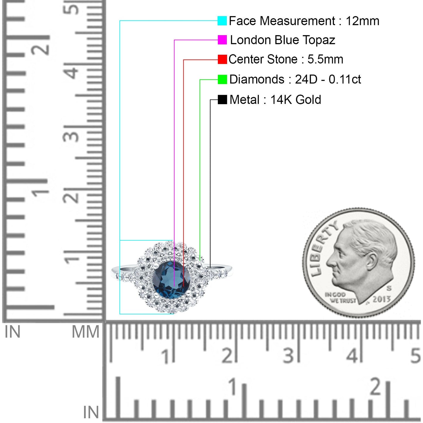 14K White Gold 0.77ct Halo Art Deco Round 5.5mm G SI London Blue Topaz Diamond Engagement Wedding Ring Size 6.5