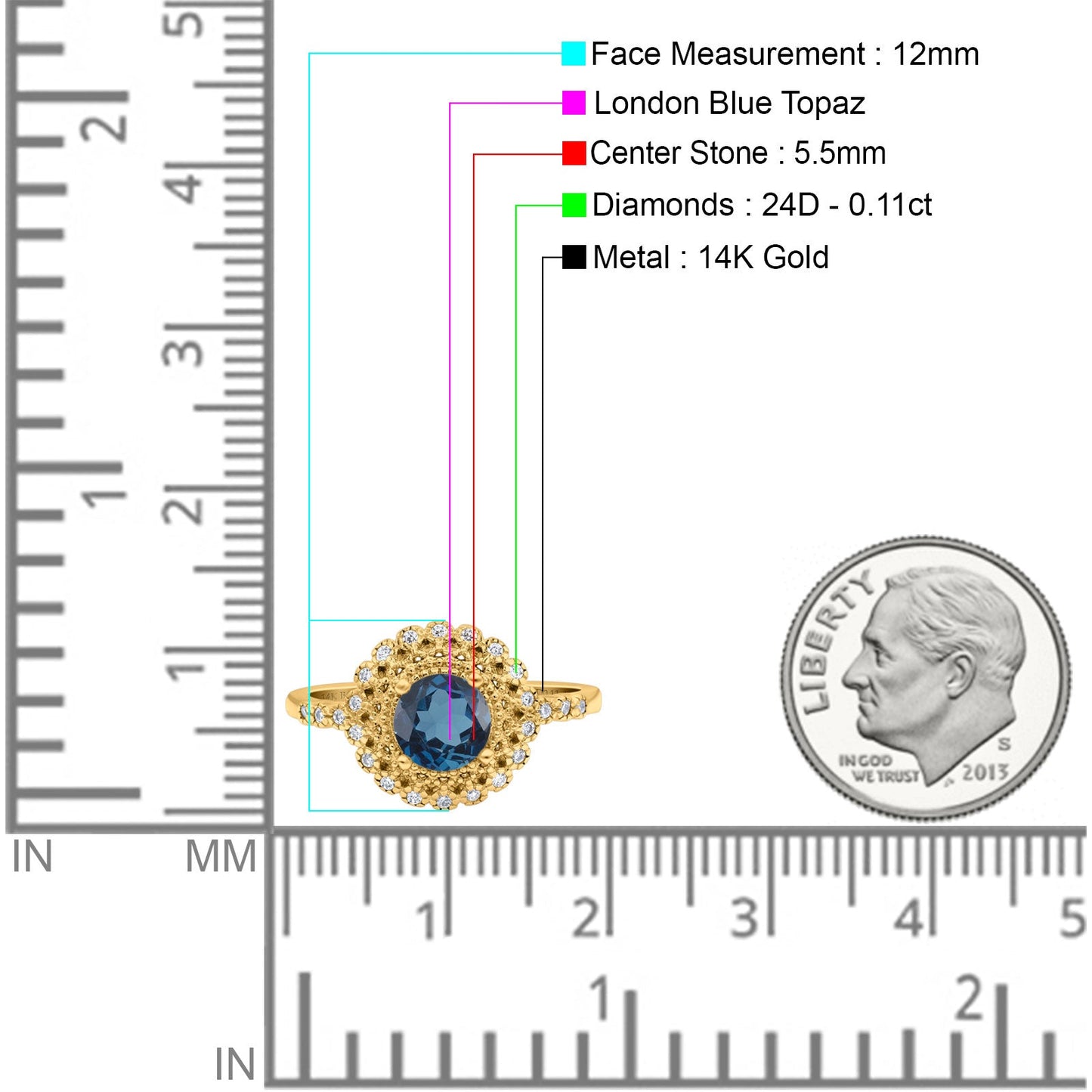 14K Yellow Gold 0.77ct Halo Art Deco Round 5.5mm G SI London Blue Topaz Diamond Engagement Wedding Ring Size 6.5