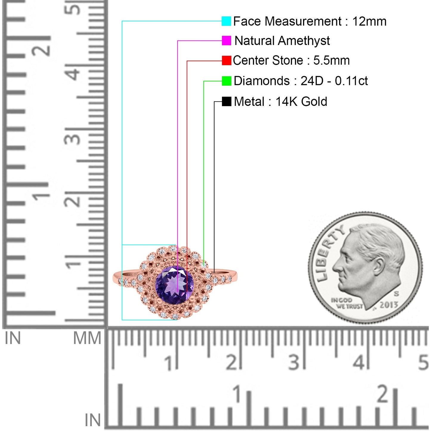 14K Rose Gold 0.77ct Halo Art Deco Round 5.5mm G SI Natural Amethyst Diamond Engagement Wedding Ring Size 6.5