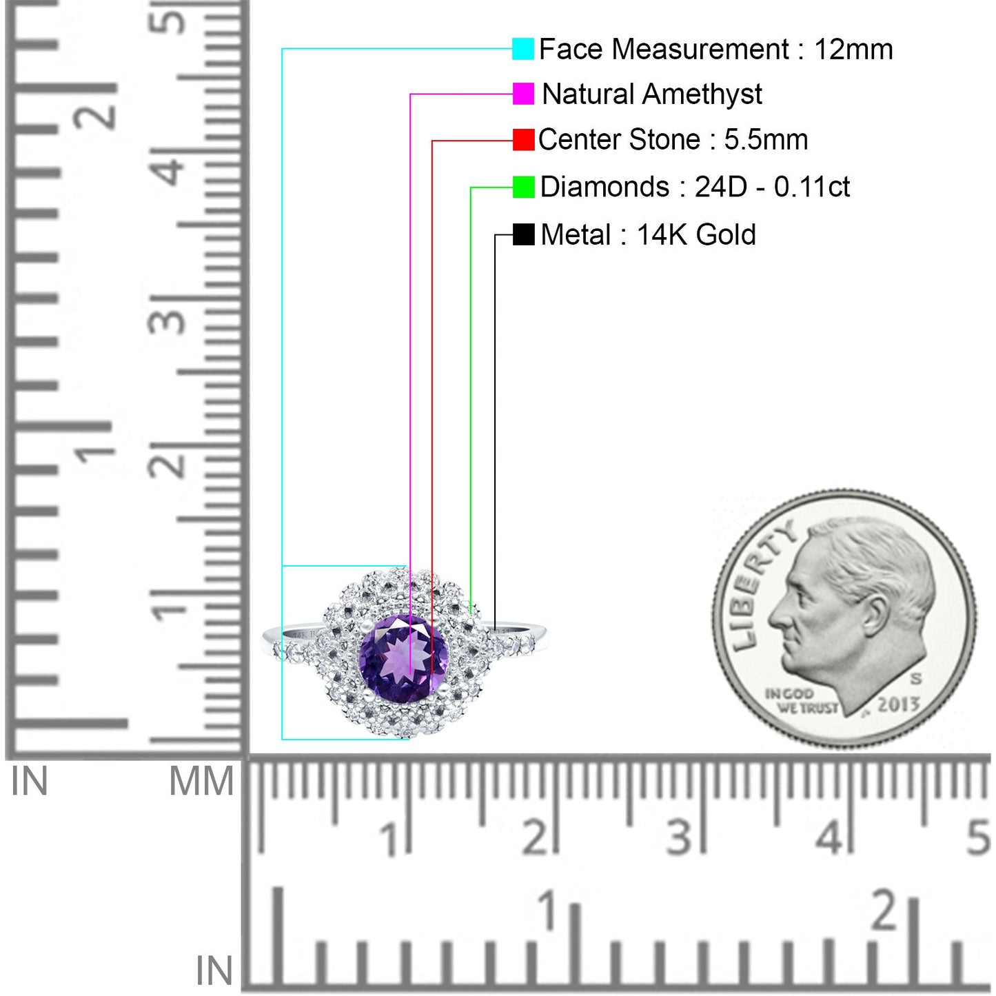 14K White Gold 0.77ct Halo Art Deco Round 5.5mm G SI Natural Amethyst Diamond Engagement Wedding Ring Size 6.5