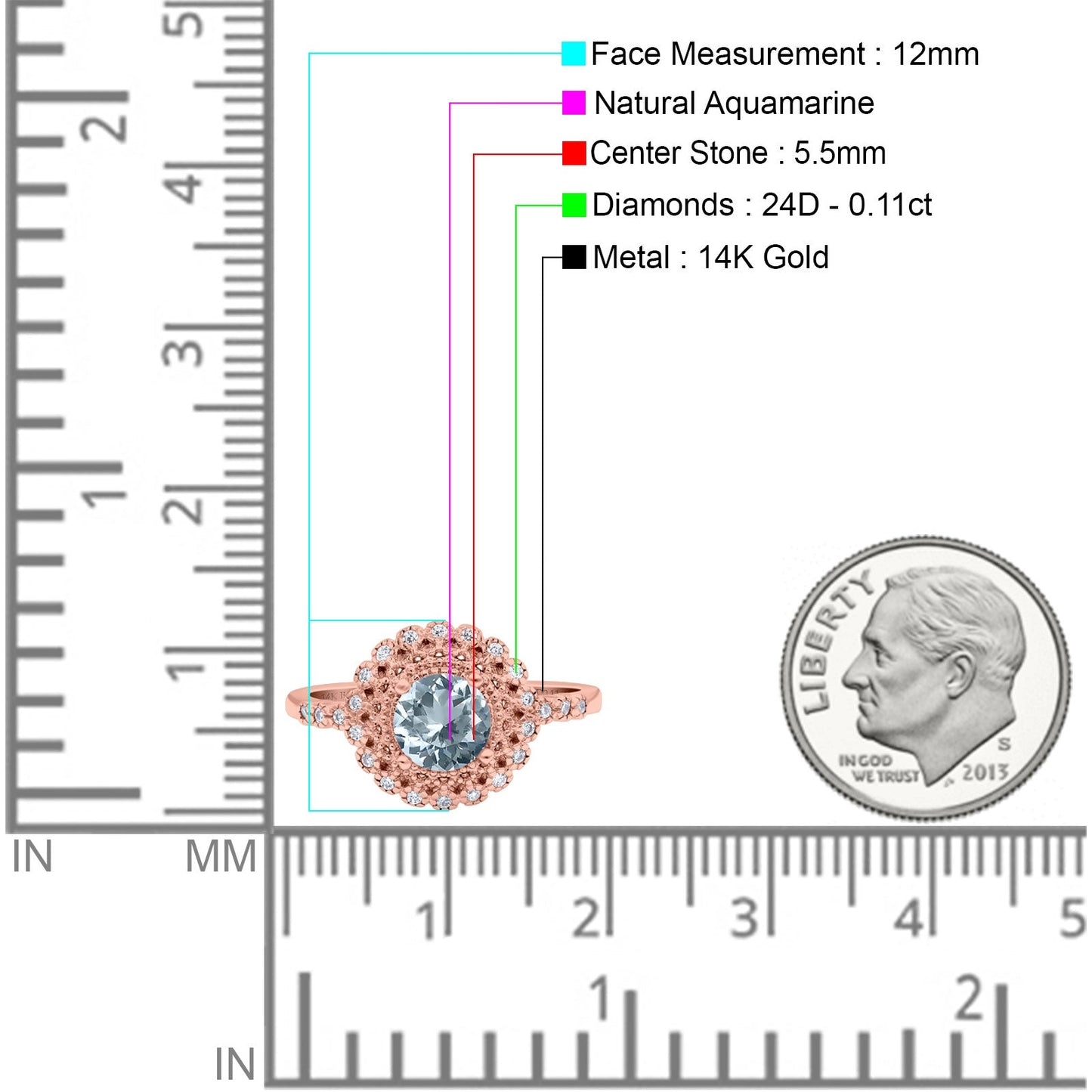 14K Rose Gold 0.77ct Halo Art Deco Round 5.5mm G SI Natural Aquamarine Diamond Engagement Wedding Ring Size 6.5