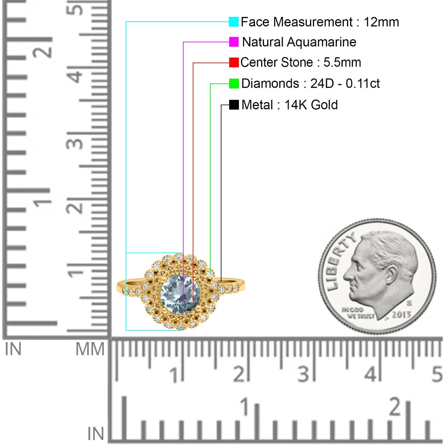 14K Yellow Gold 0.77ct Halo Art Deco Round 5.5mm G SI Natural Aquamarine Diamond Engagement Wedding Ring Size 6.5