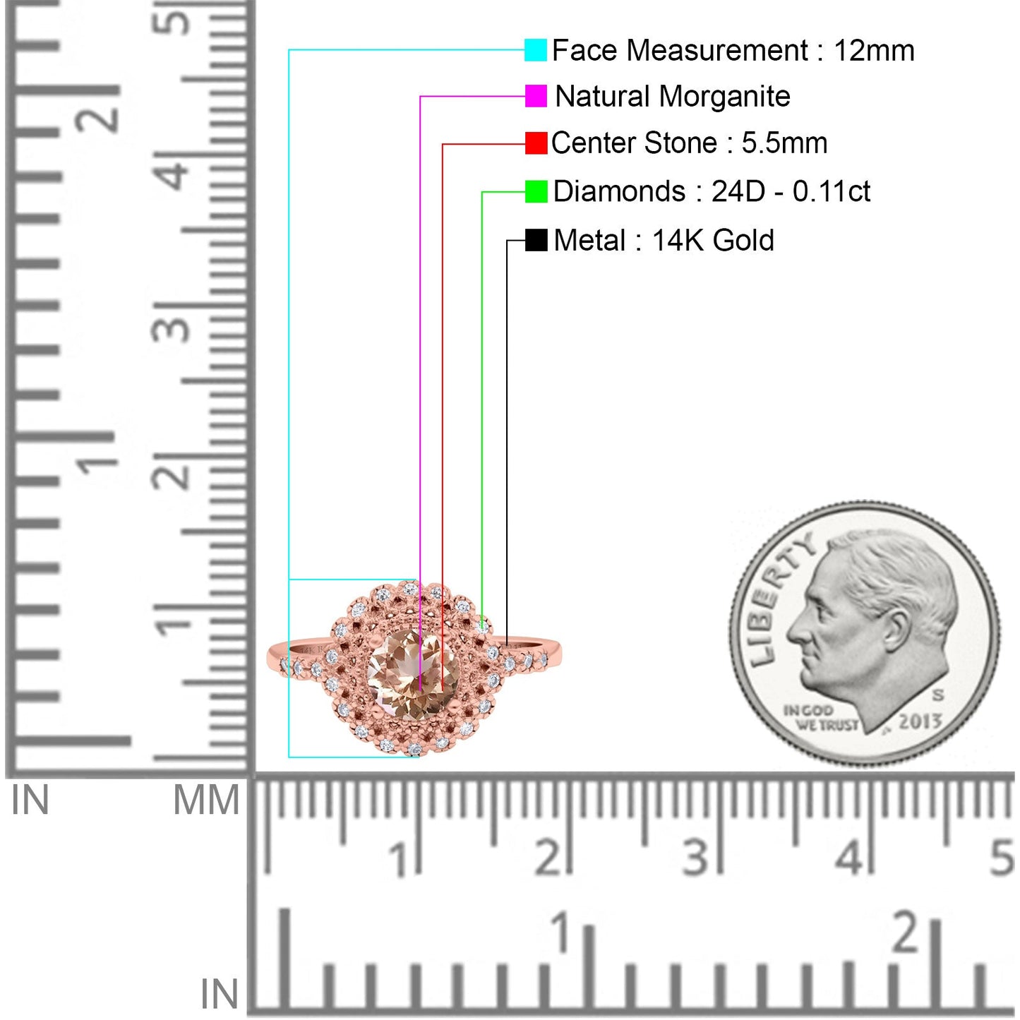 14K Rose Gold 0.77ct Halo Art Deco Round 5.5mm G SI Natural Morganite Diamond Engagement Wedding Ring Size 6.5