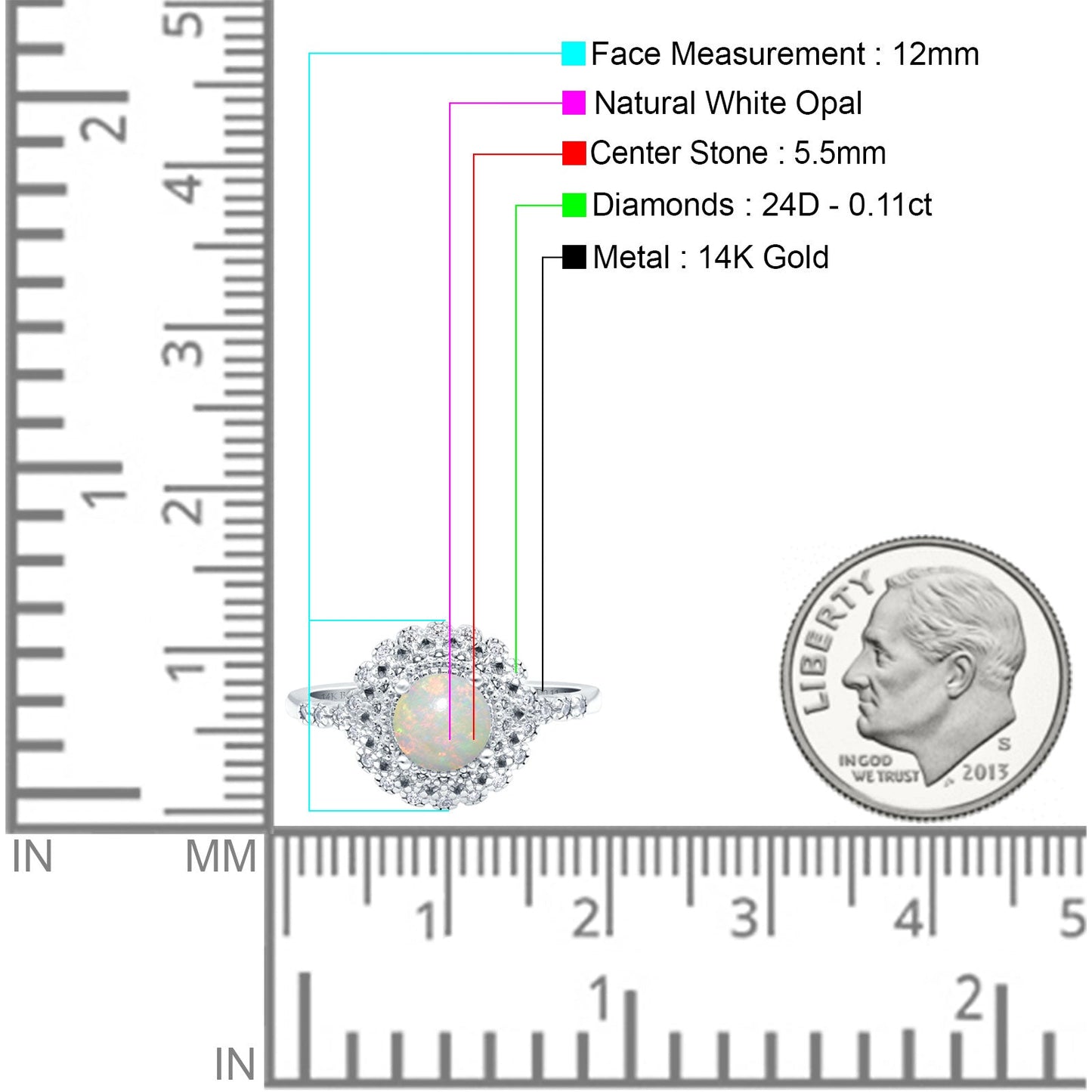 14K White Gold 0.11ct Halo Art Deco Round 5.5mm G SI Natural White Opal Diamond Engagement Wedding Ring Size 6.5