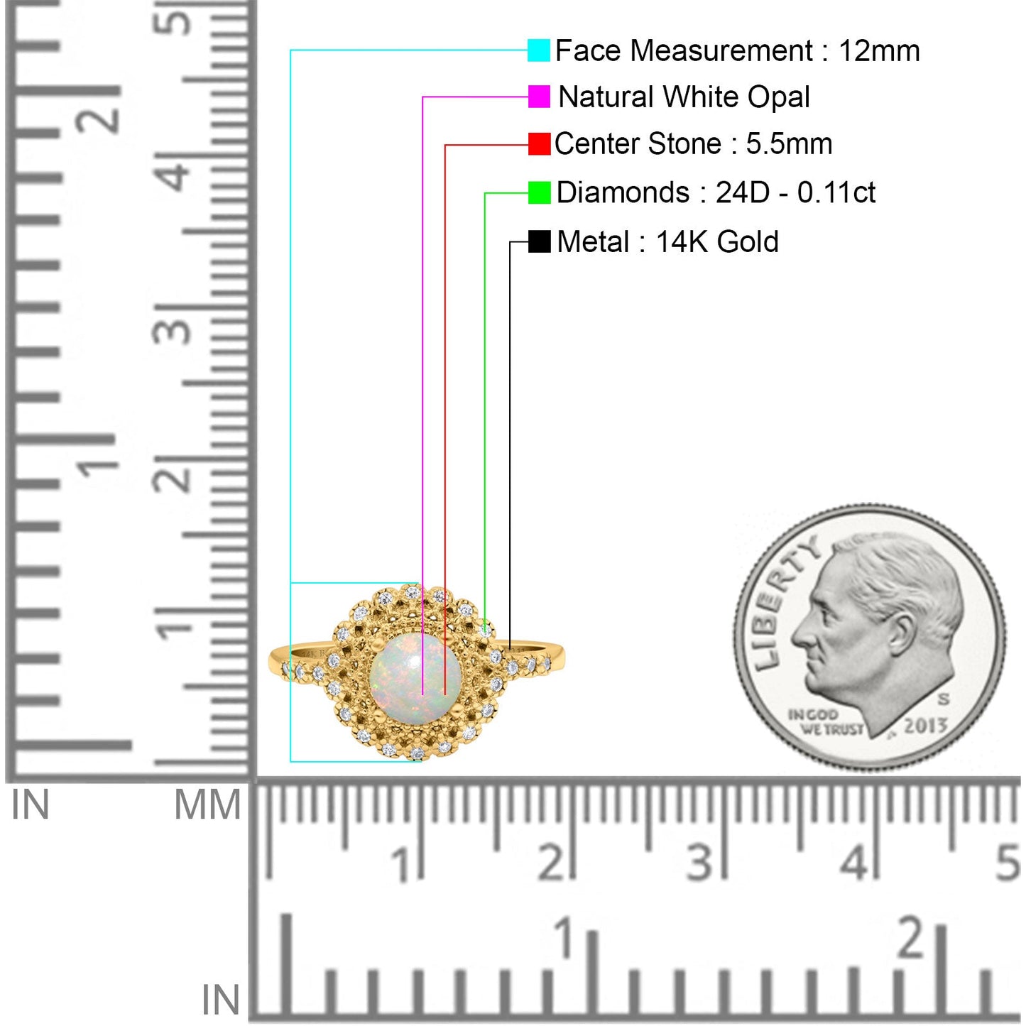 14K Yellow Gold 0.11ct Halo Art Deco Round 5.5mm G SI Natural White Opal Diamond Engagement Wedding Ring Size 6.5