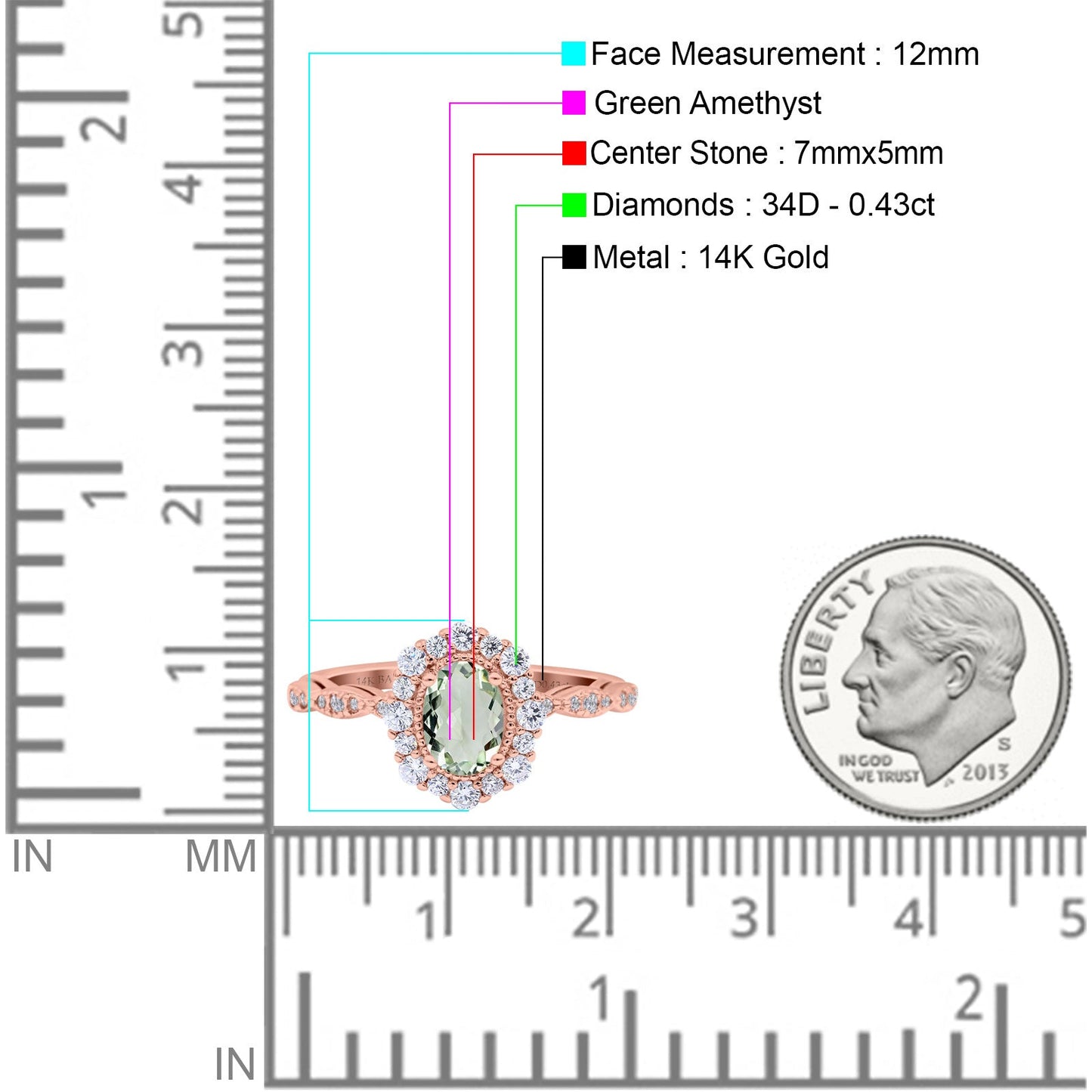 14K Rose Gold 1.19ct Vintage Art Deco Halo Oval 7mmx5mm G SI Natural Green Amethyst Diamond Engagement Wedding Ring Size 6.5