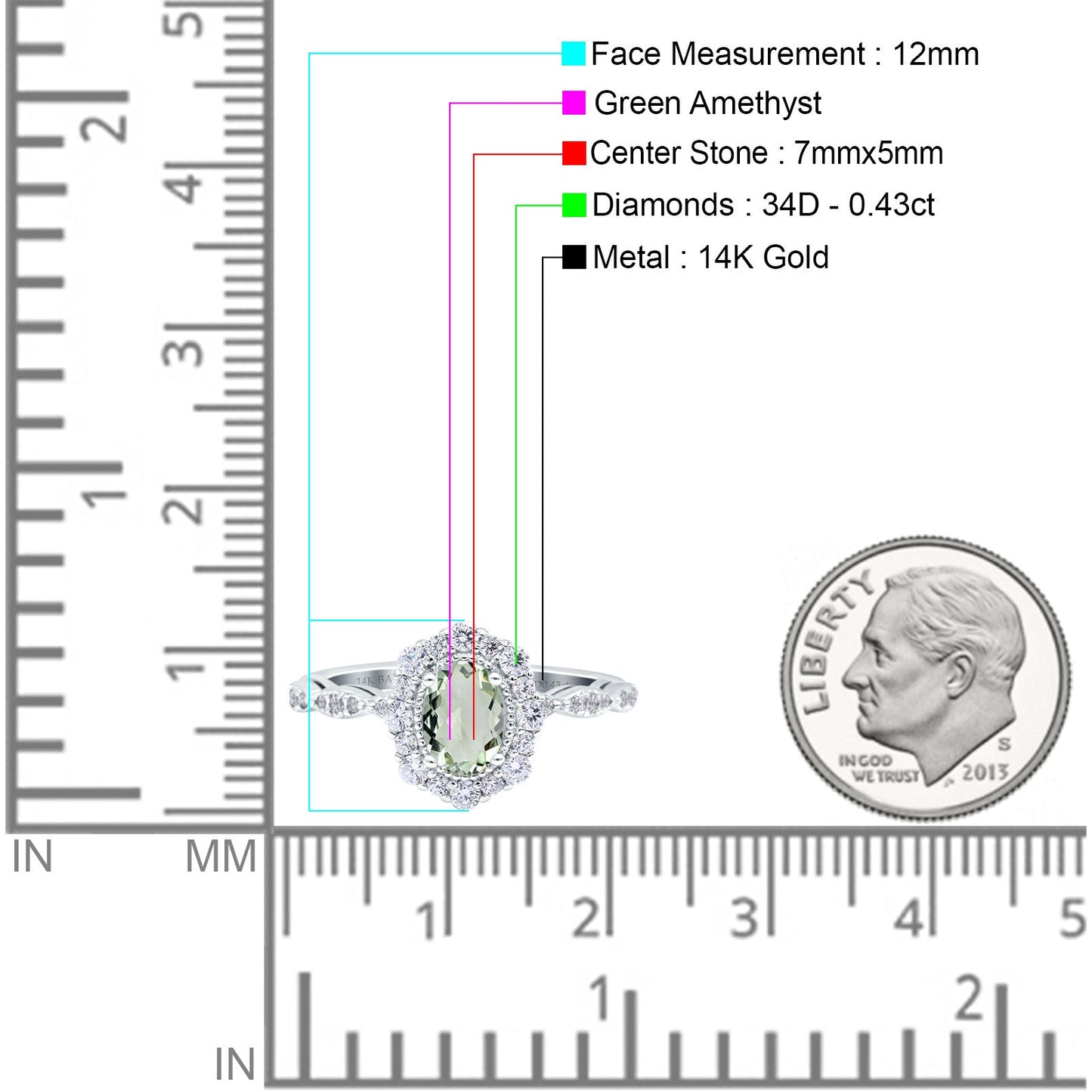 14K White Gold 1.19ct Vintage Art Deco Halo Oval 7mmx5mm G SI Natural Green Amethyst Diamond Engagement Wedding Ring Size 6.5