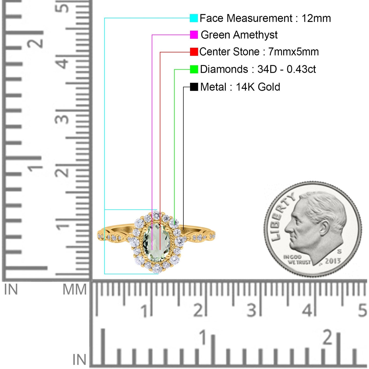 14K Yellow Gold 1.19ct Vintage Art Deco Halo Oval 7mmx5mm G SI Natural Green Amethyst Diamond Engagement Wedding Ring Size 6.5