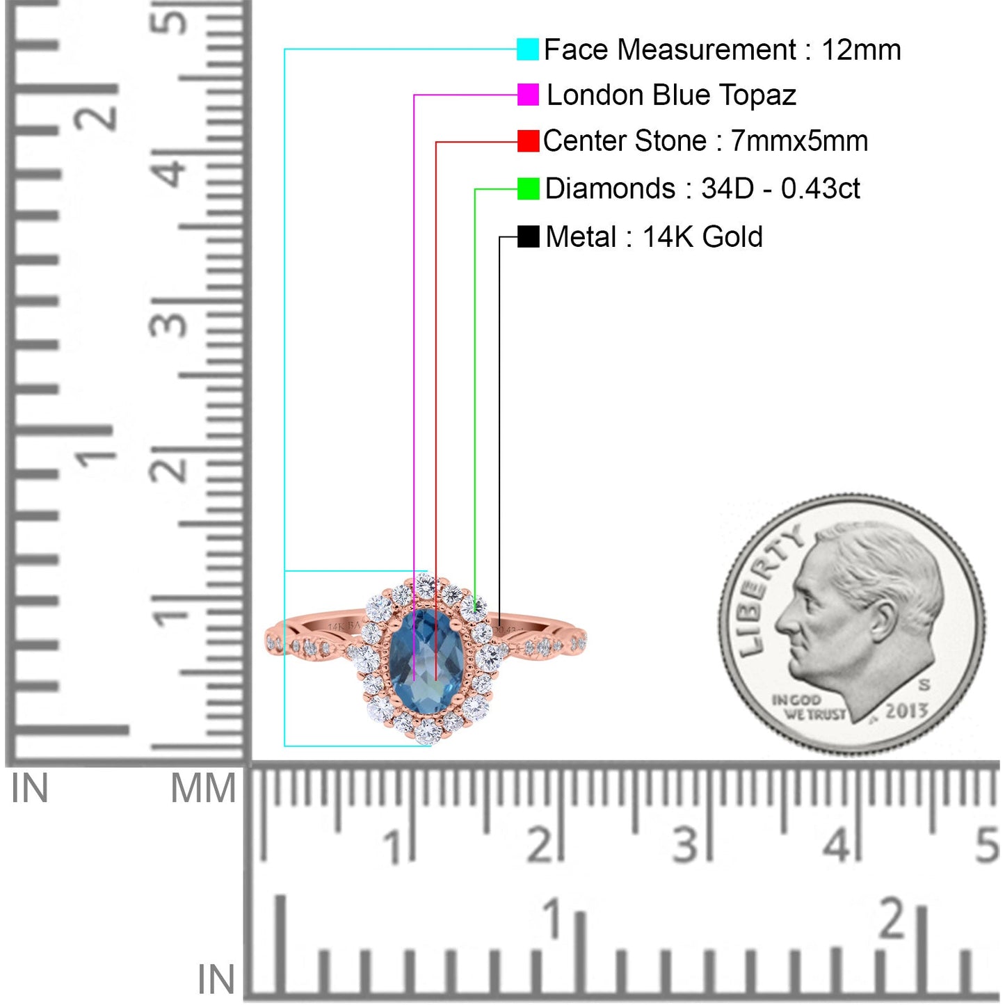 14K Rose Gold 1.19ct Vintage Art Deco Halo Oval 7mmx5mm G SI London Blue Topaz Diamond Engagement Wedding Ring Size 6.5